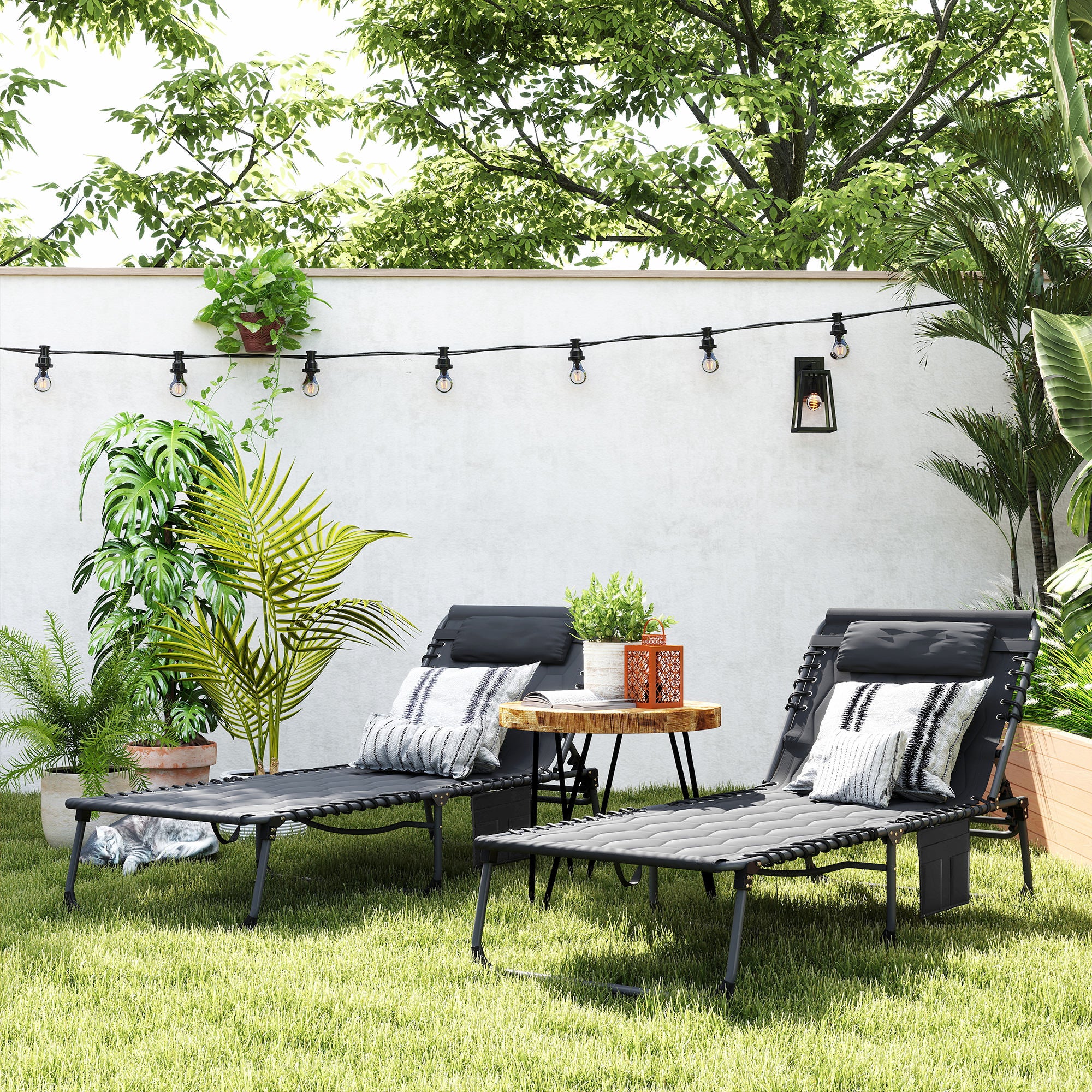 Outsunny 2 Pieces Foldable Sun Lounger Set with Padded Seat, Black - Image 8