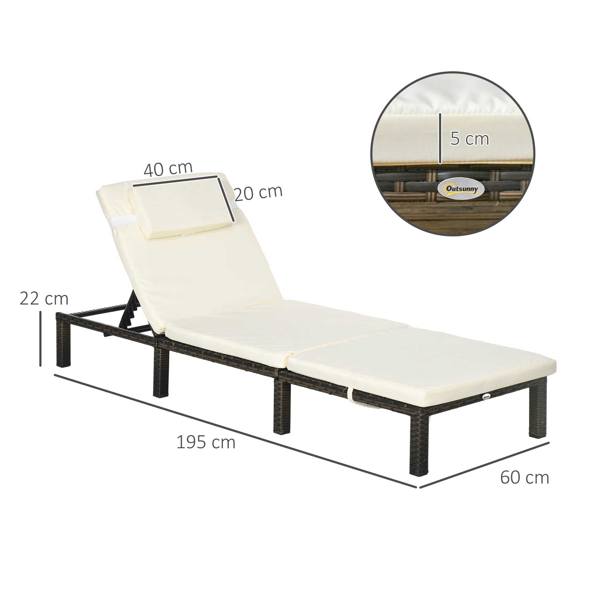 Outsunny 2 Pieces Rattan Sun Loungers w/ Padded Cushion for Poolside Cream White - Image 5