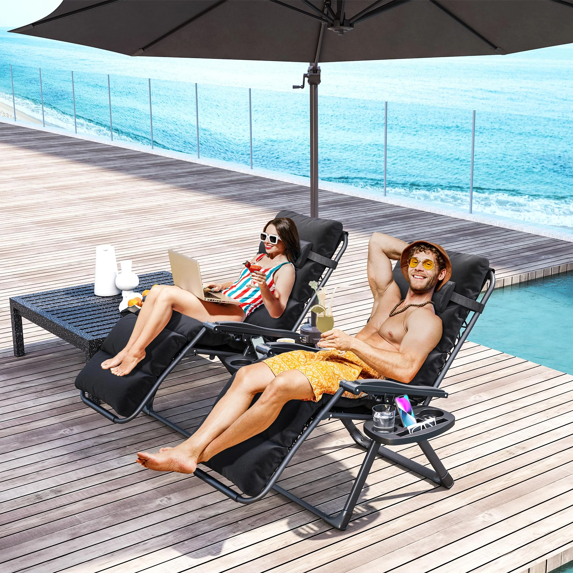 Outsunny 2 Pieces Zero Gravity Chairs, Reclining Folding Sun Lounger, Grey - Image 2