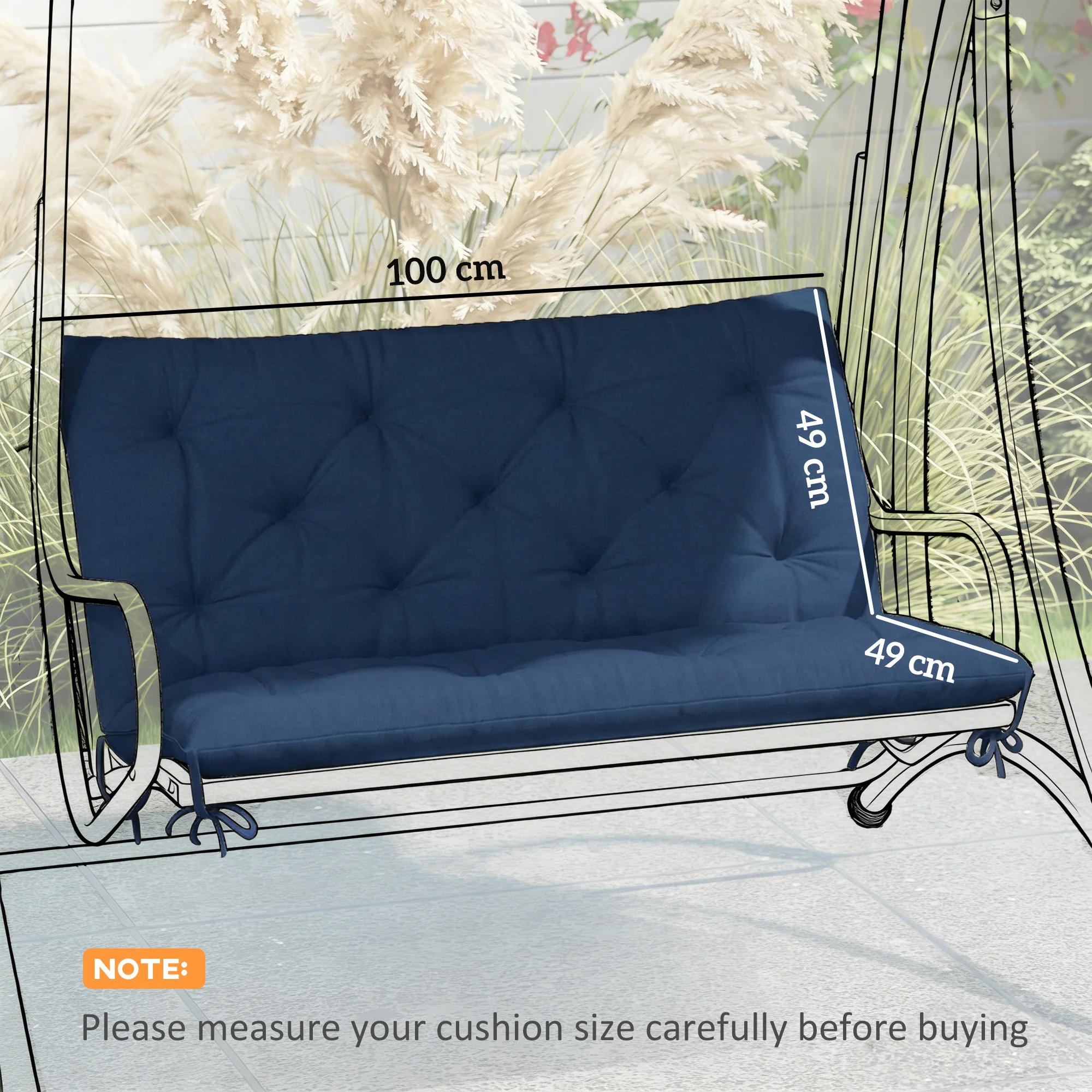 Outsunny 2 Seater Bench Pad, Chair Cushion with Back and Ties, Dark Blue - Image 5