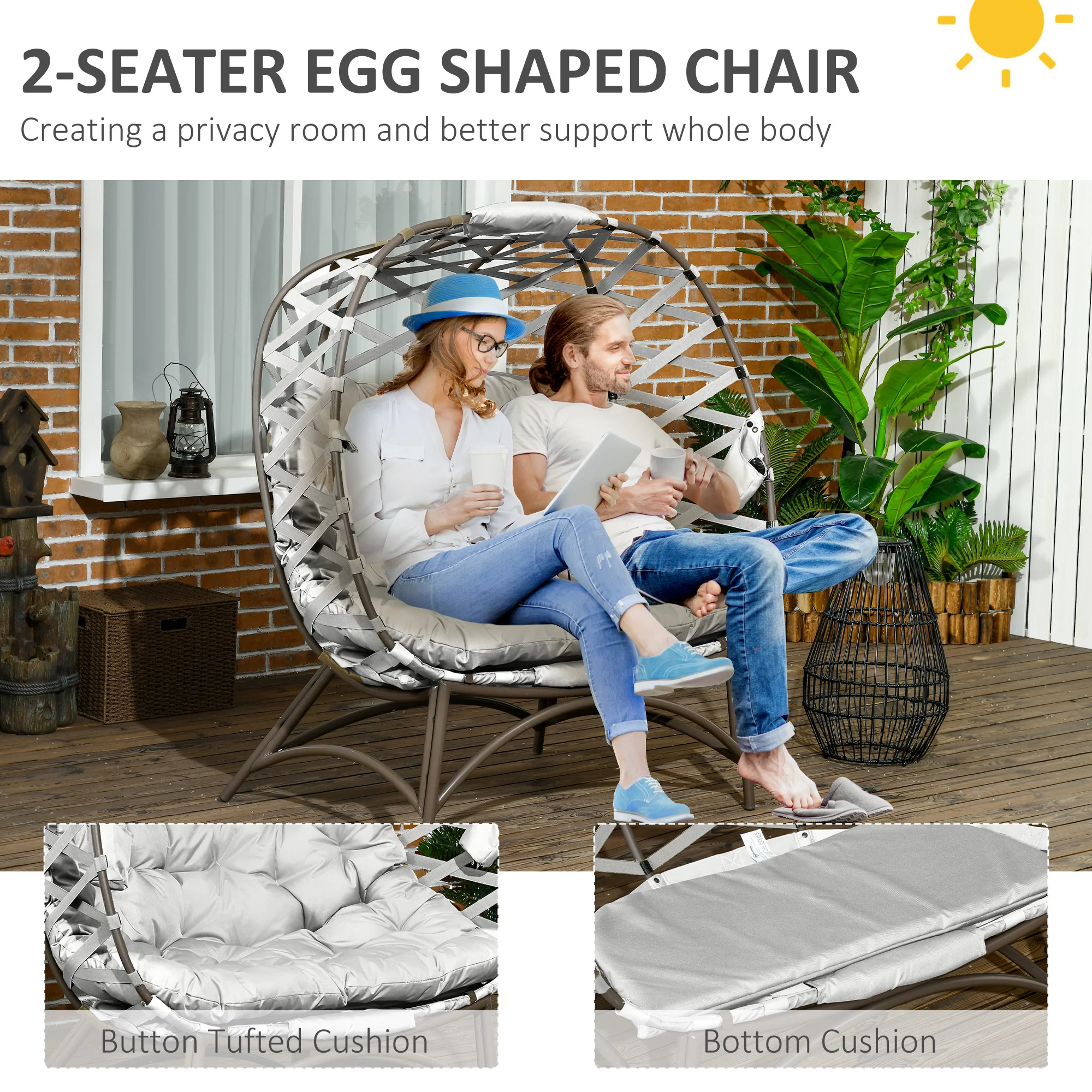 Outsunny 2 Seater Egg Chair Outdoor With Cushion, Cup Pockets - Image 13
