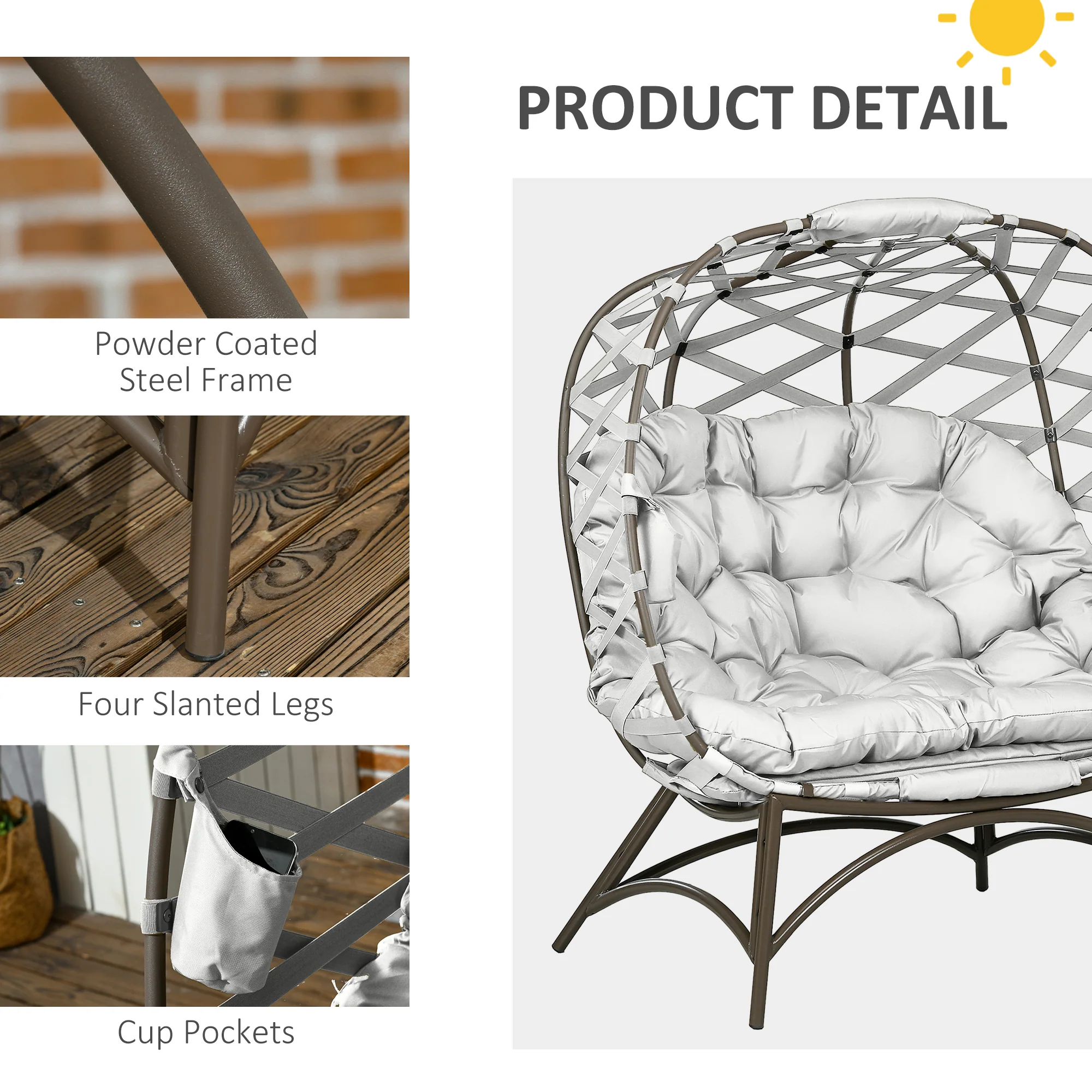 Outsunny 2 Seater Egg Chair Outdoor With Cushion, Cup Pockets - Image 16