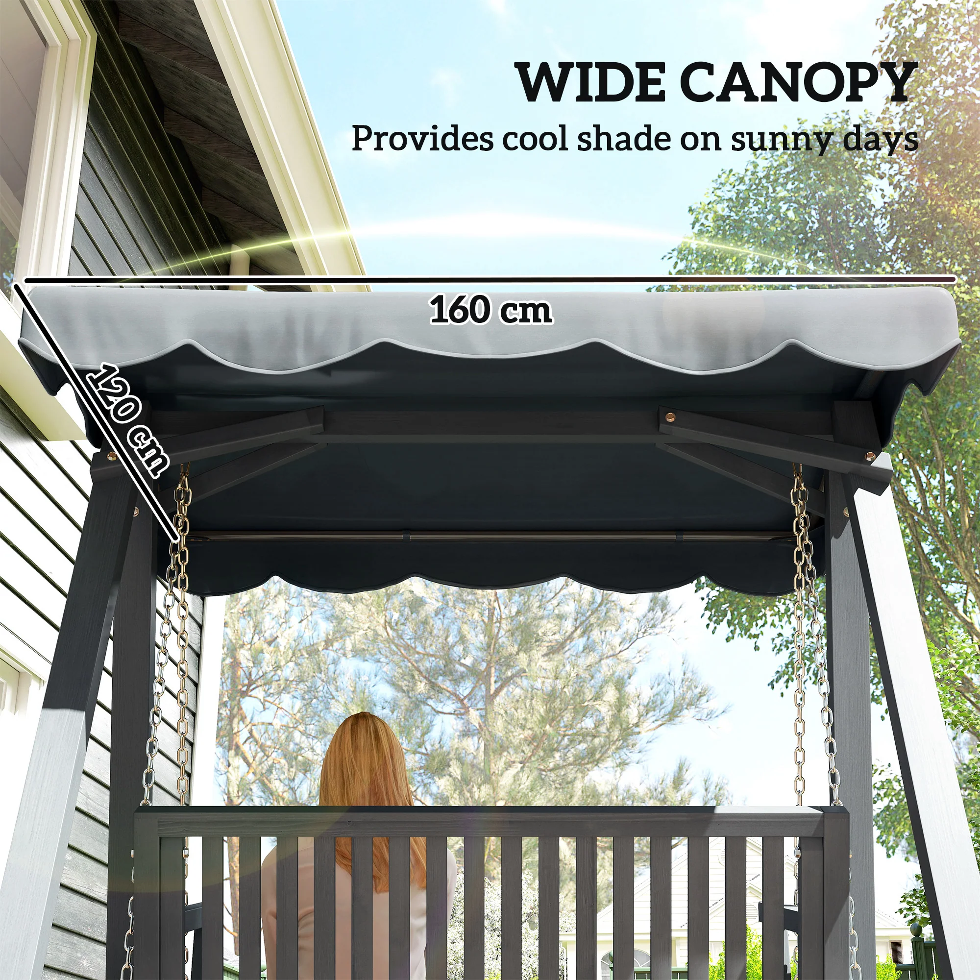 Outsunny 2 Seater Garden Swing Seat With Canopy, Outdoor Hammock Bench, Grey - Image 3