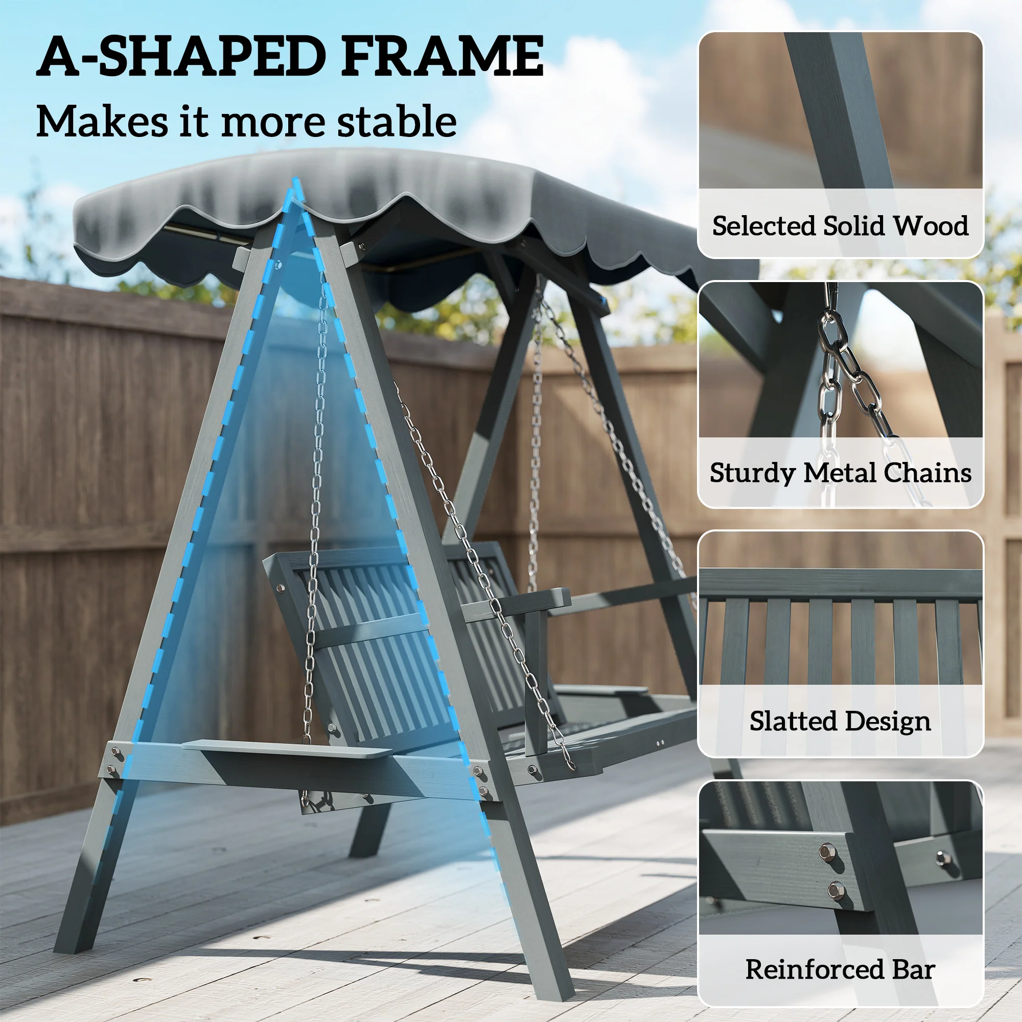 Outsunny 2 Seater Garden Swing Seat With Canopy, Outdoor Hammock Bench, Grey - Image 4