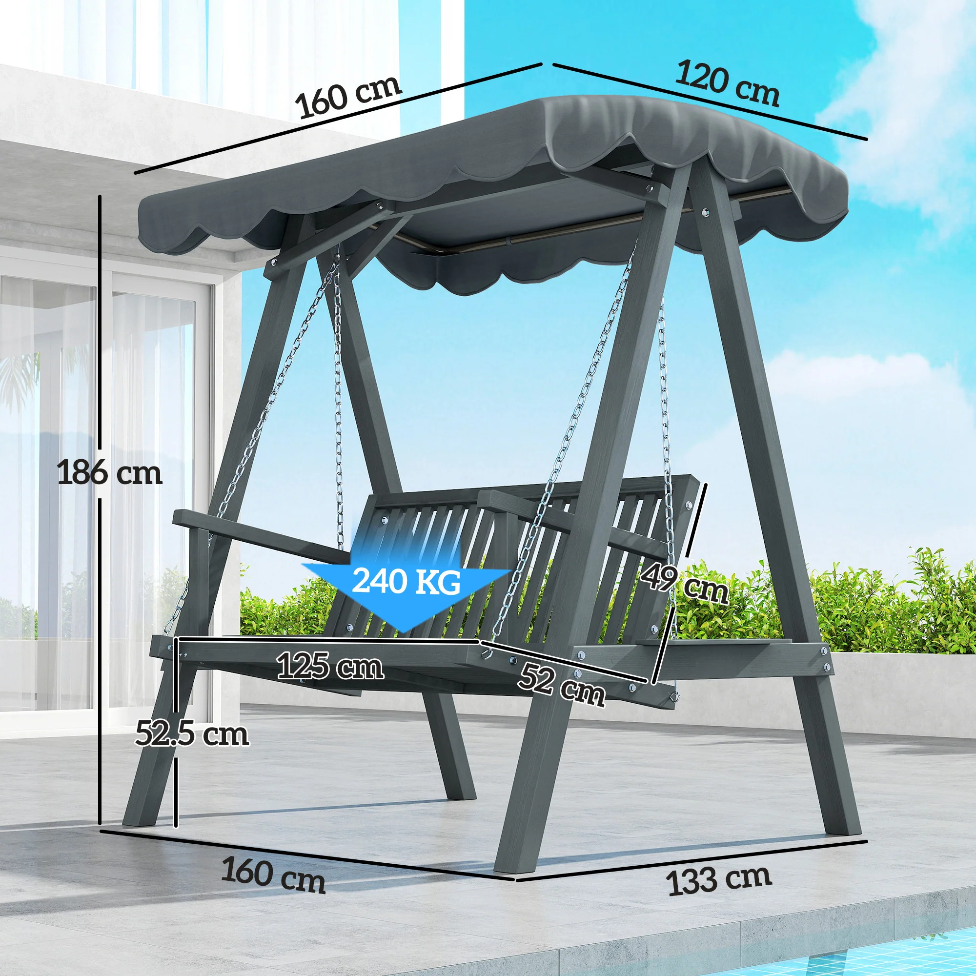 Outsunny 2 Seater Garden Swing Seat With Canopy, Outdoor Hammock Bench, Grey - Image 5