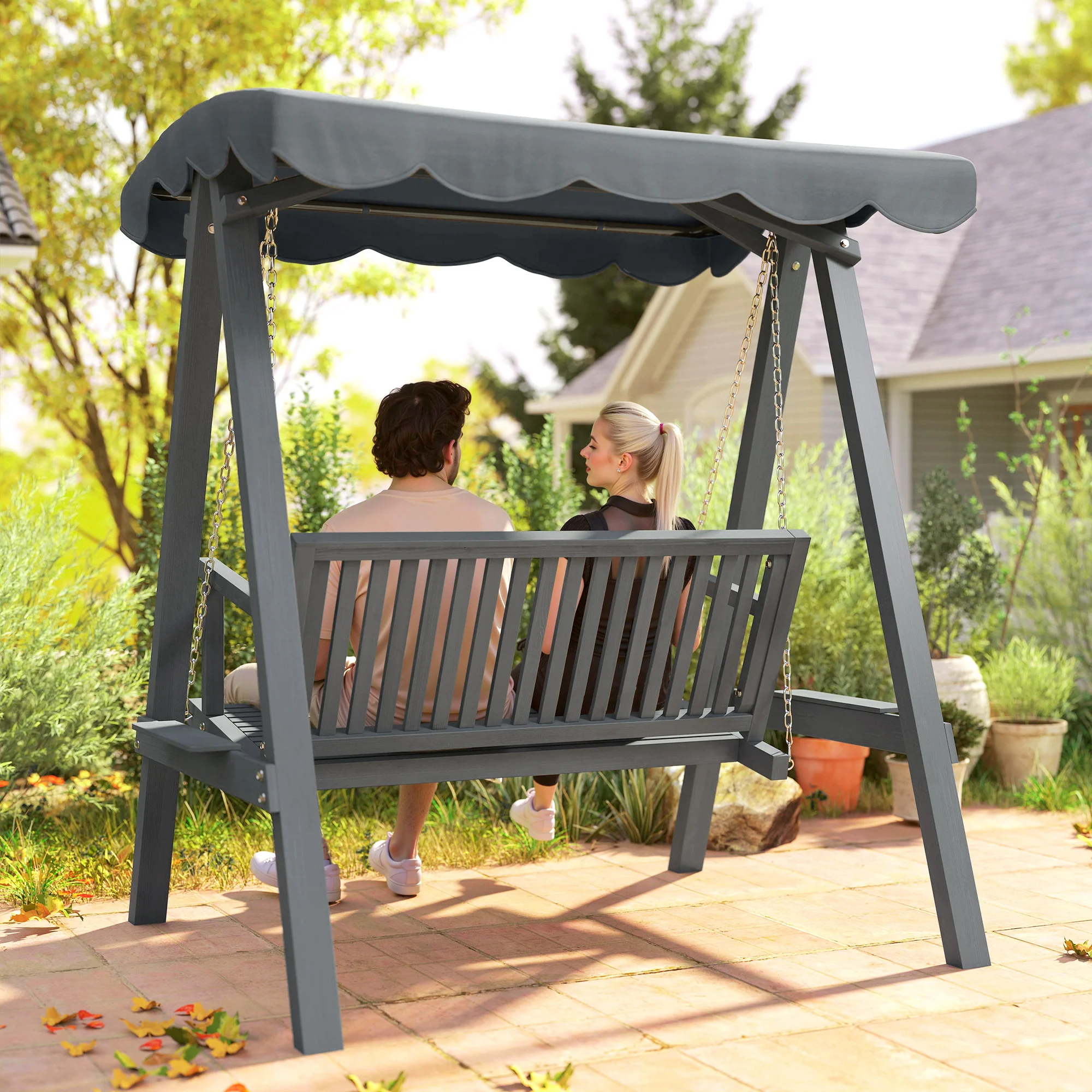Outsunny 2 Seater Garden Swing Seat With Canopy, Outdoor Hammock Bench, Grey - Image 8