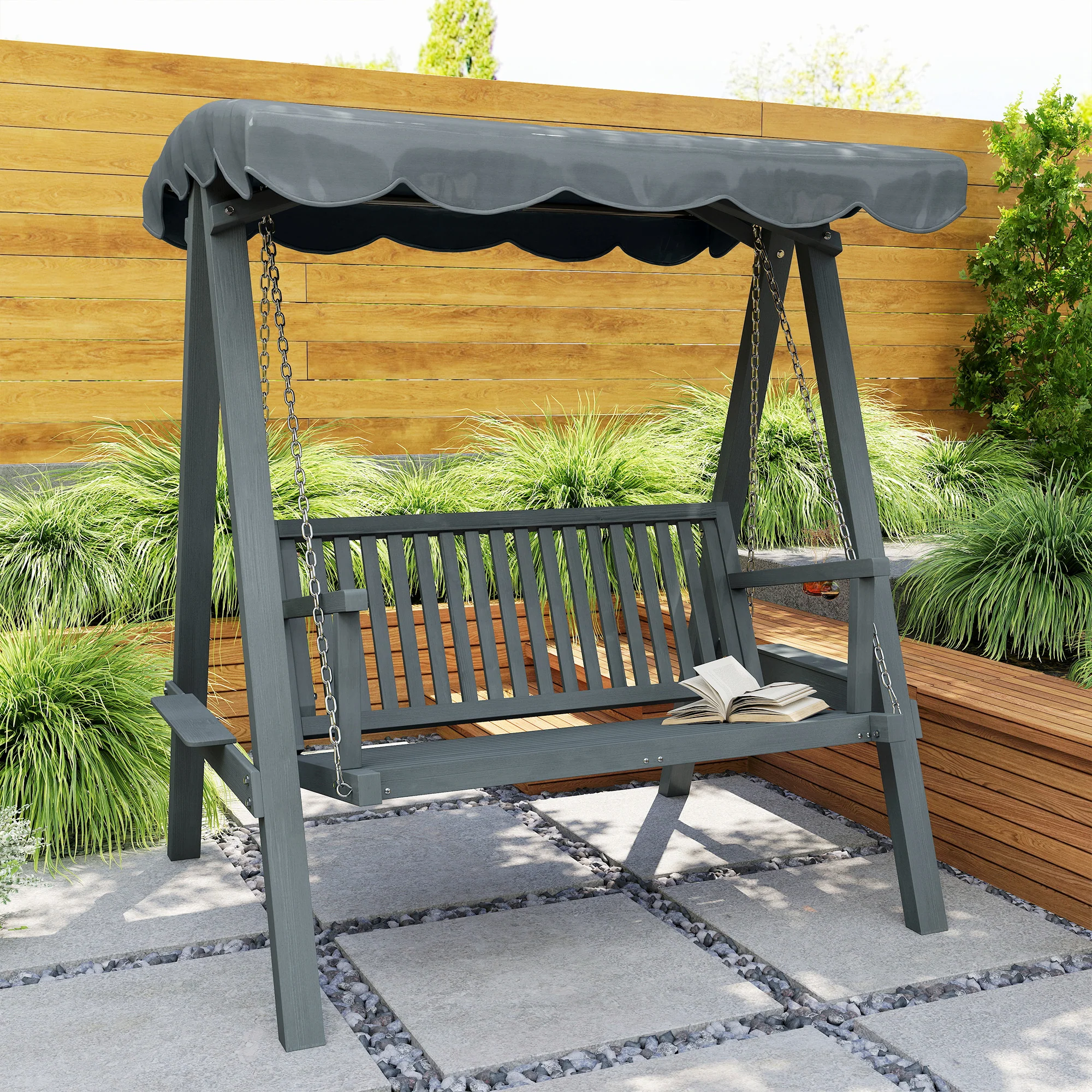 Outsunny 2 Seater Garden Swing Seat With Canopy, Outdoor Hammock Bench, Grey - Image 9