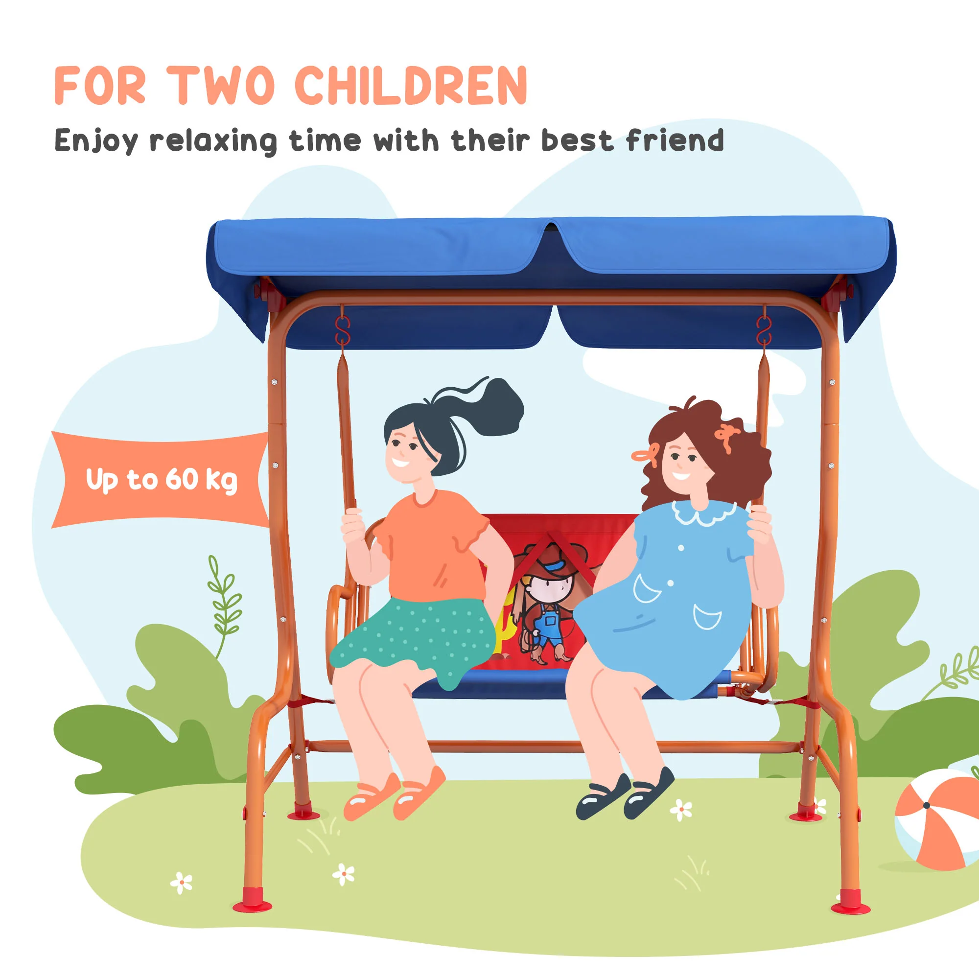 Outsunny 2 Seater Kids Swing Chair, Cowboy Themed with Adjustable Canopy - Image 3