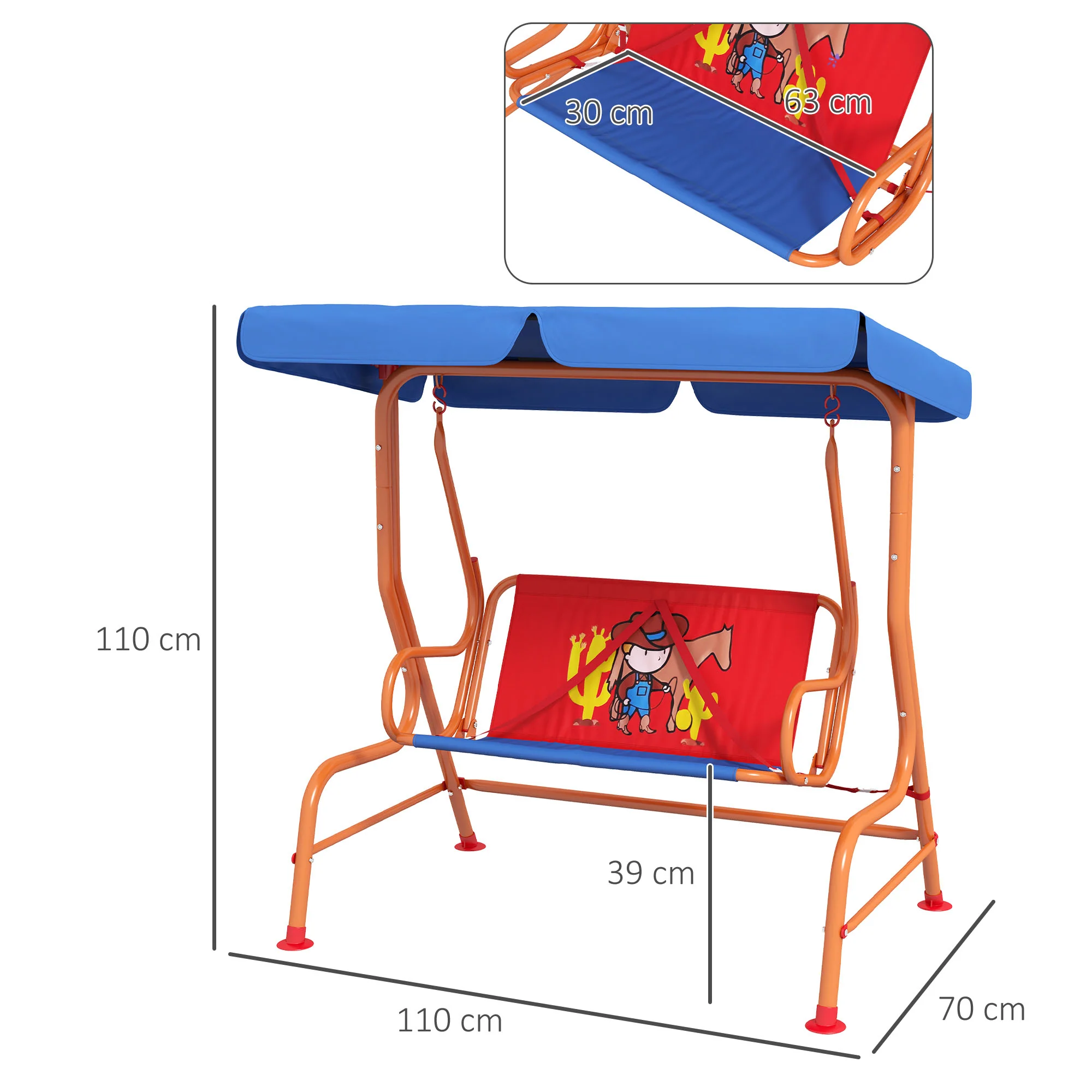 Outsunny 2 Seater Kids Swing Chair, Cowboy Themed with Adjustable Canopy - Image 5