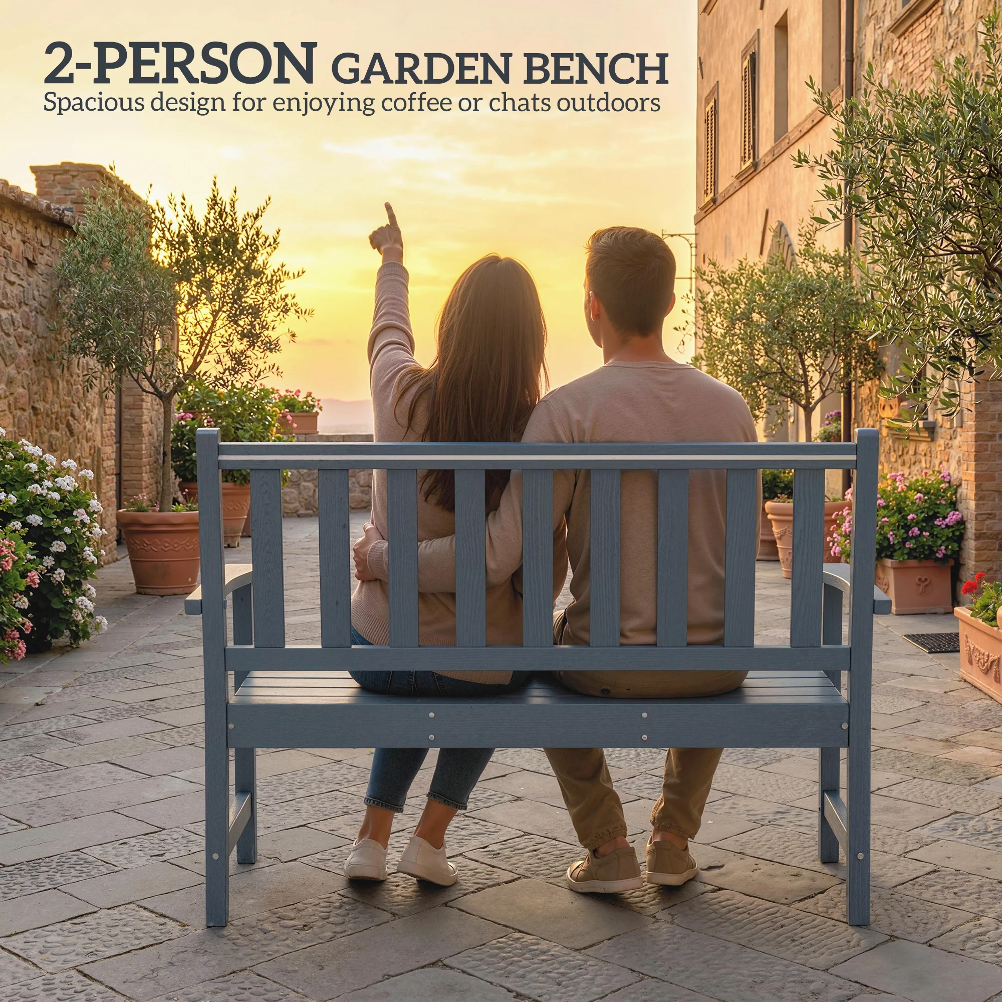 Outsunny 2 Seater Plastic Garden Bench, Outdoor Patio Furniture, Grey - Image 4