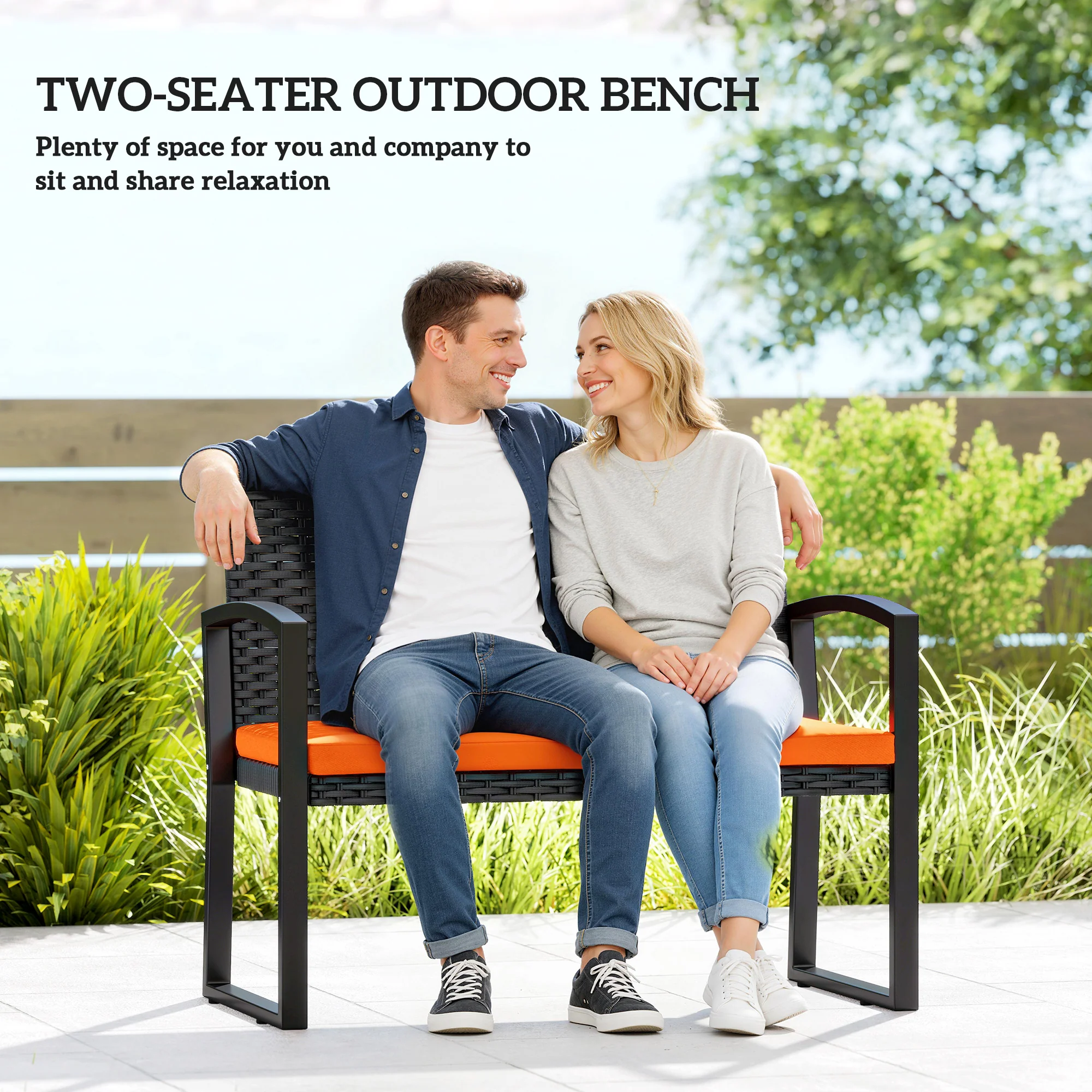 Outsunny 2 Seater Rattan Garden Bench with Cushion, Steel Frame, Orange - Image 4