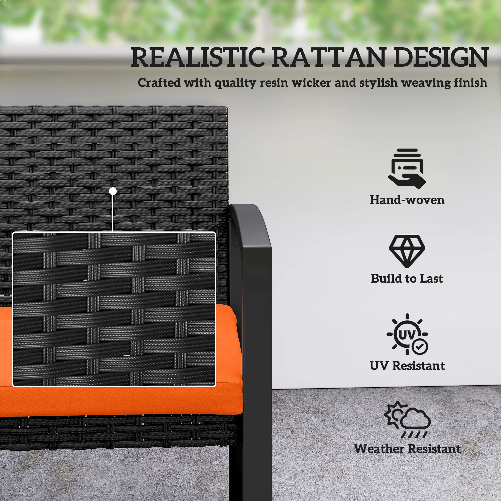 Outsunny 2 Seater Rattan Garden Bench with Cushion, Steel Frame, Orange - Image 5
