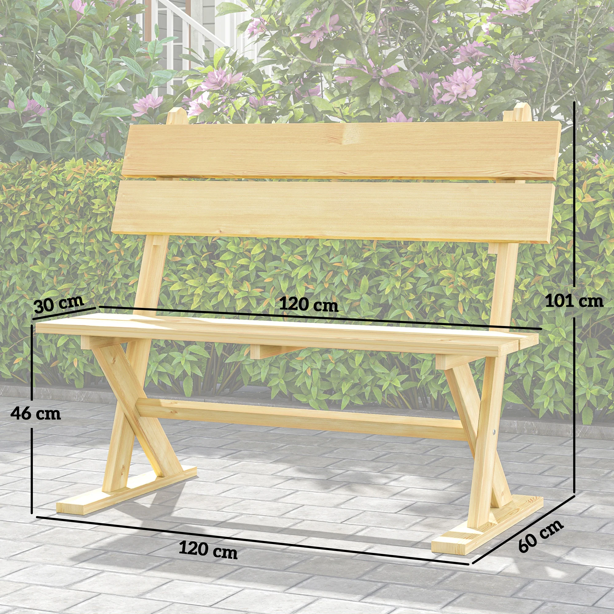 Outsunny 2 Seater Wooden Garden Bench Outdoor Loveseat with Back, Natural - Image 5