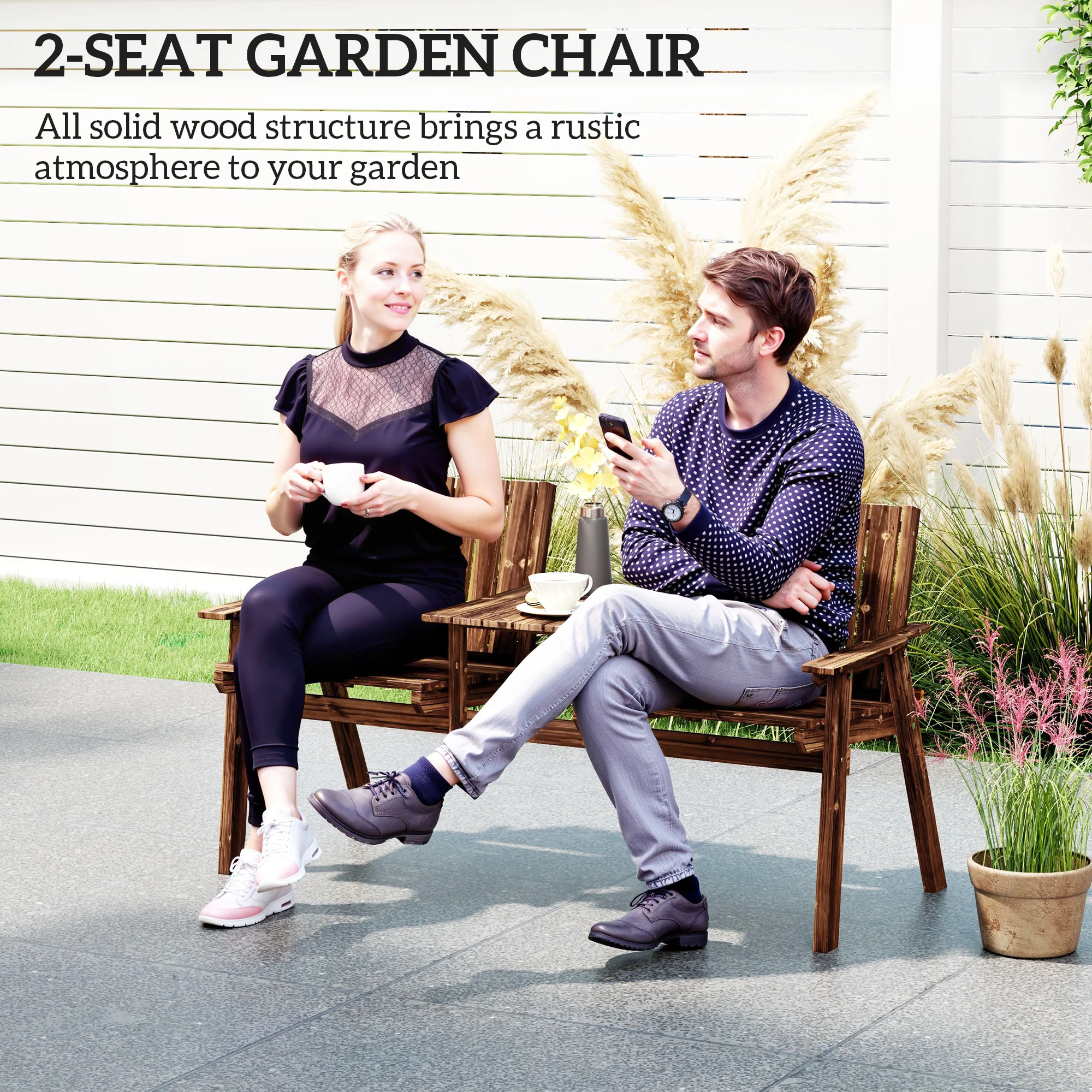 Outsunny 2-Seater Wooden Garden Bench with Armrest, Carbonised Finish - Image 3