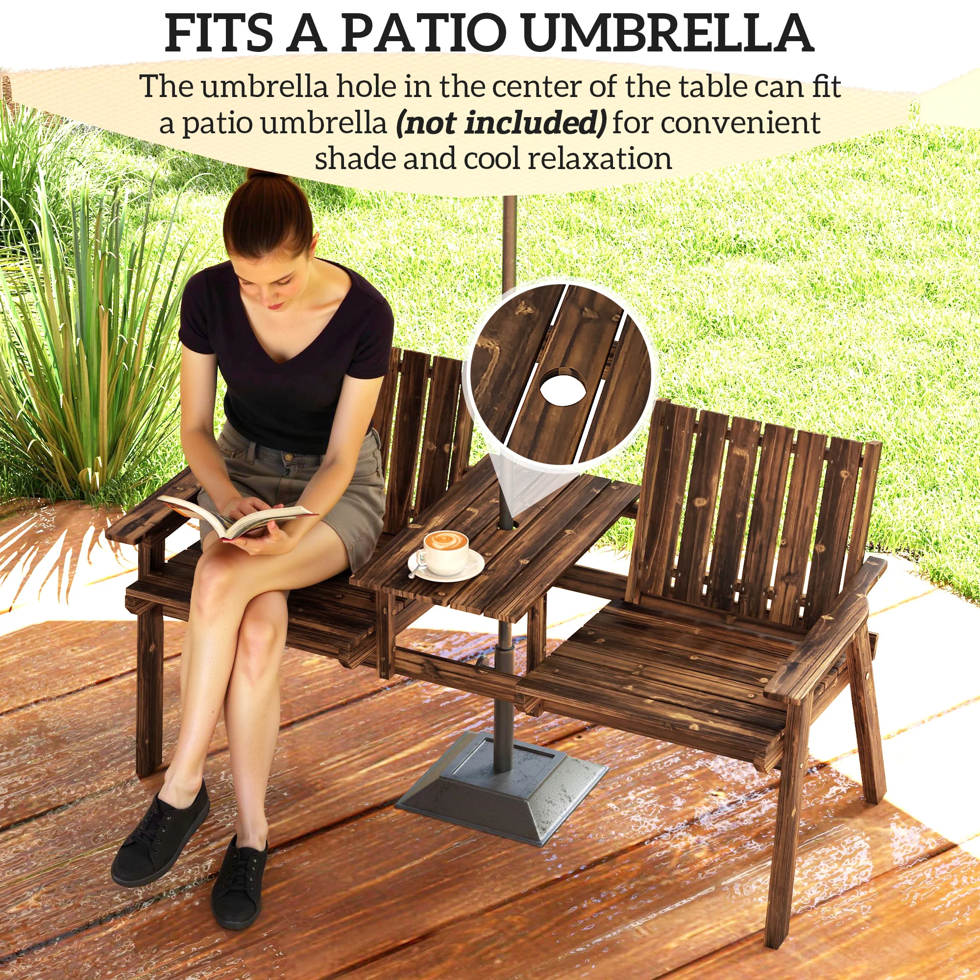 Outsunny 2-Seater Wooden Garden Bench with Armrest, Carbonised Finish - Image 4