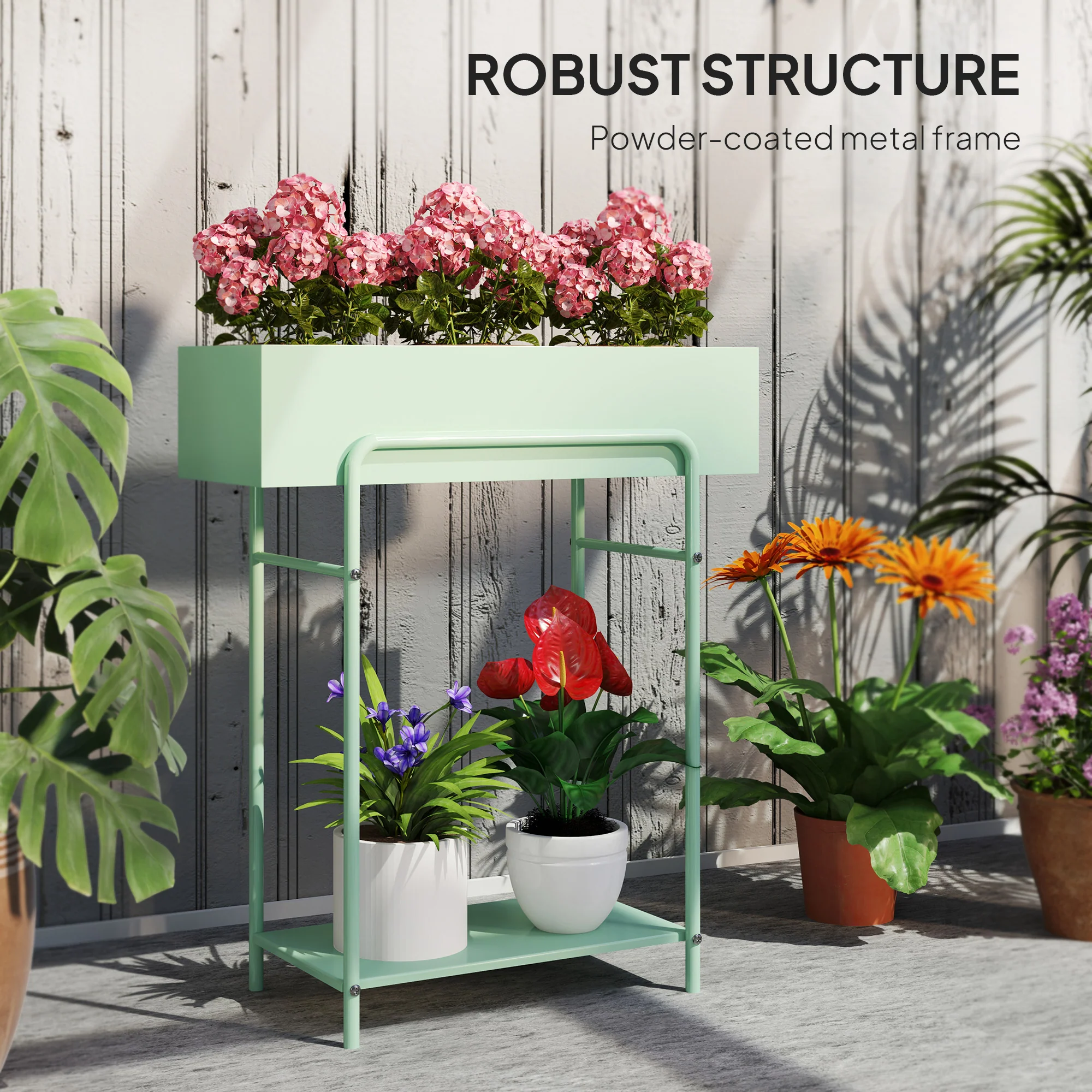 Outsunny 2 Tier Plant Stand, Metal Plant Rack with Drain Holes, Green - Image 6