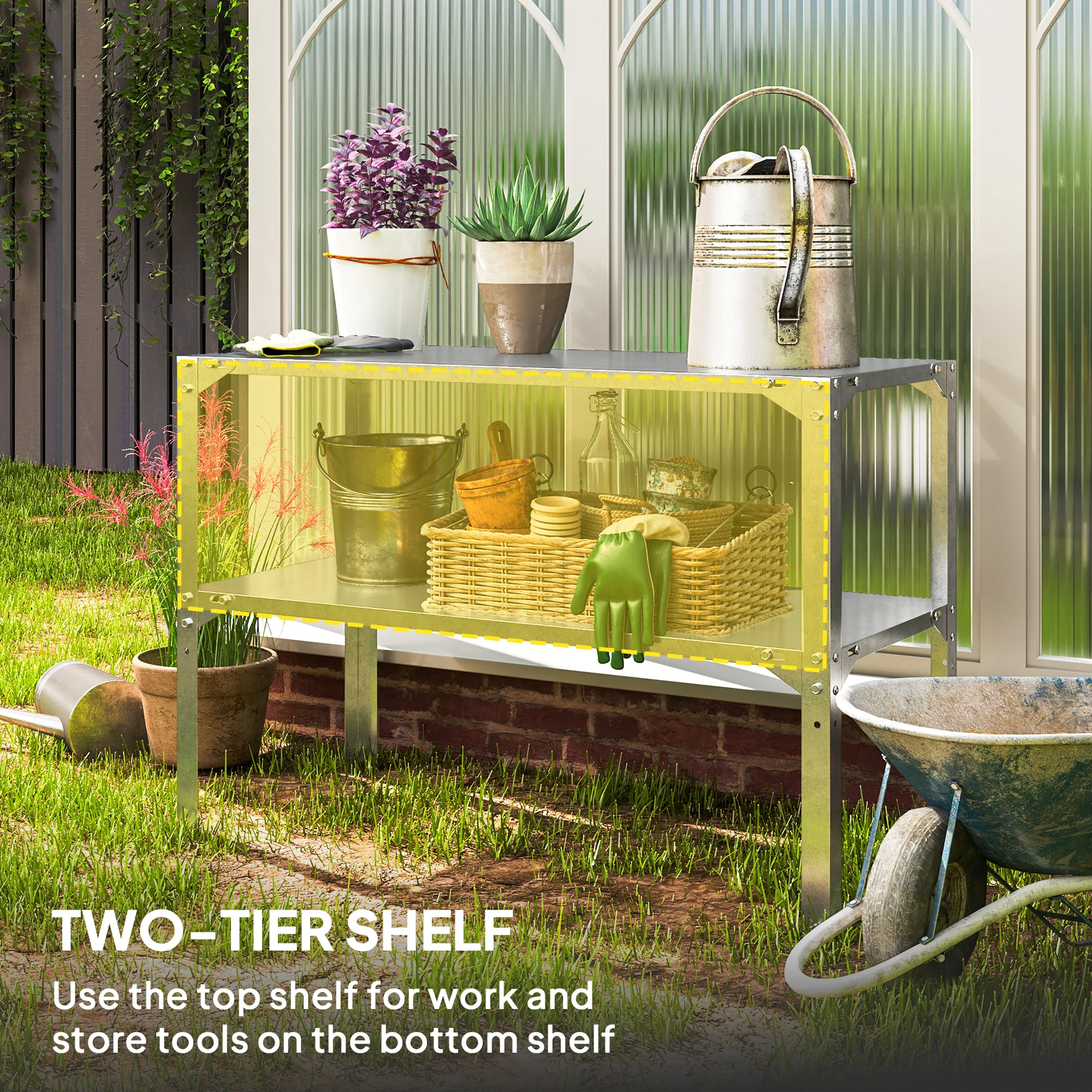 Outsunny 2 Tier Potting Bench Table, Galvanised Work Bench, Silver Tone - Image 3