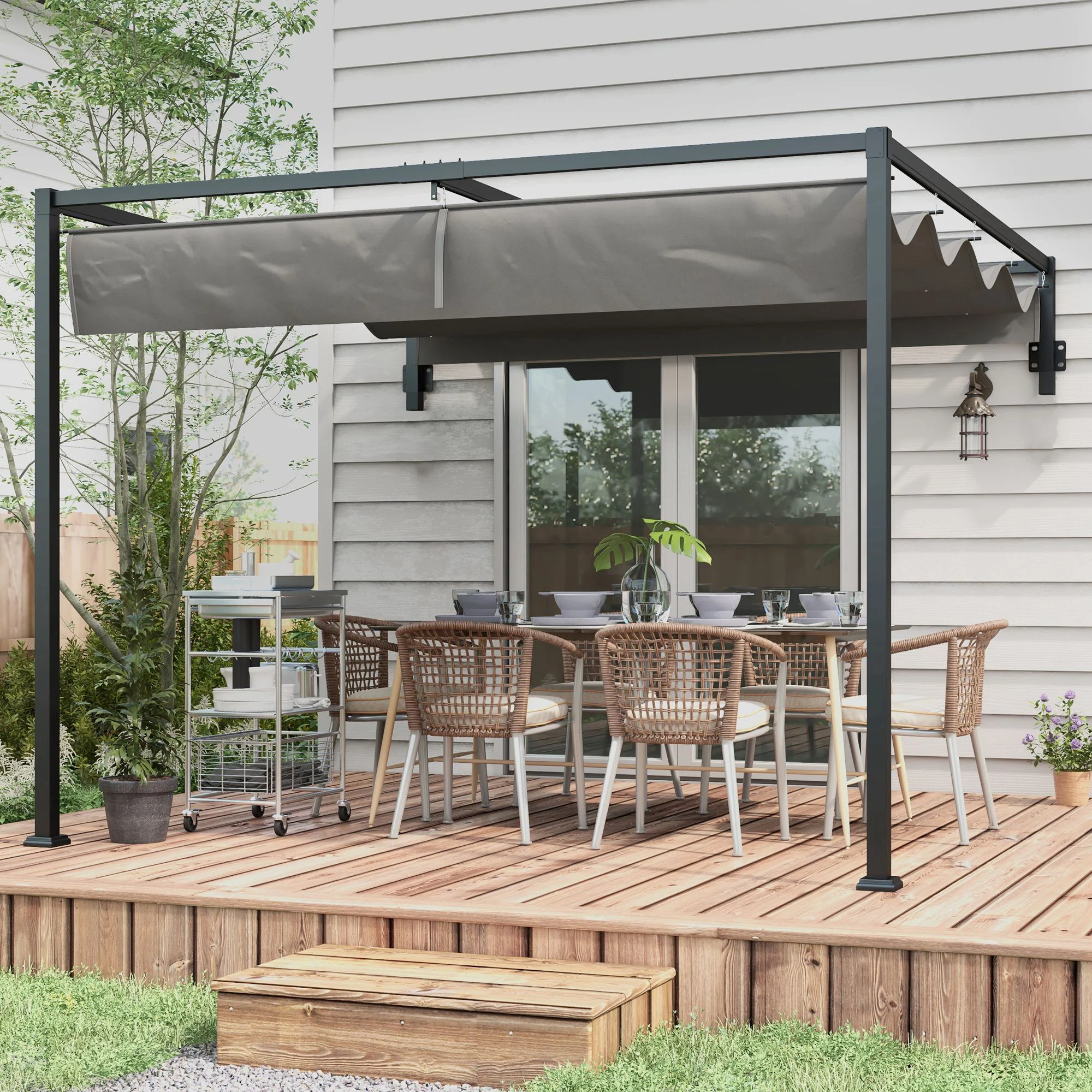 Outsunny 2 x 3(m) Wall Mounted Pergola with Retractable Sun Shade Canopy - Image 8
