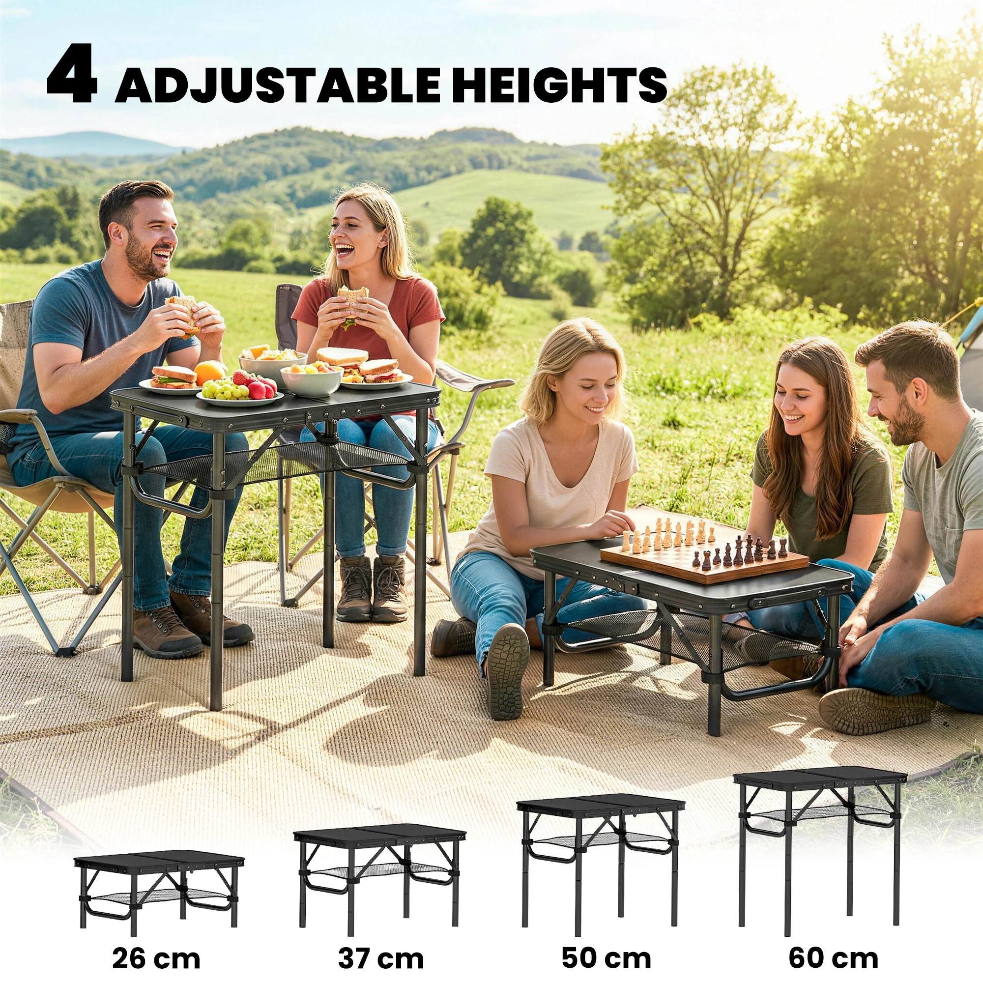 Outsunny 2ft Folding Camping Table, Picnic Table With Storage Layer, Black - Image 5