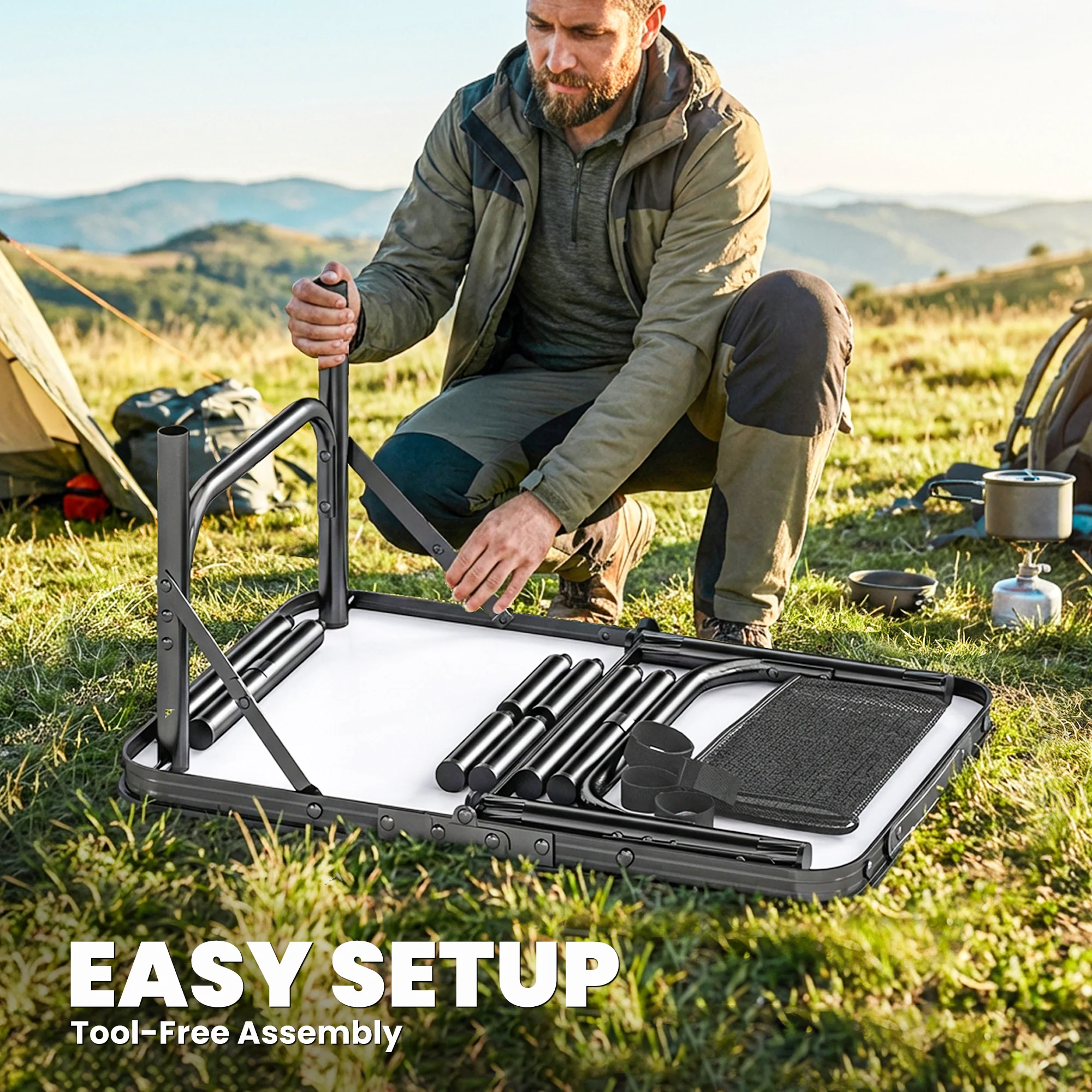 Outsunny 2ft Folding Camping Table, Picnic Table With Storage Layer, Black - Image 8