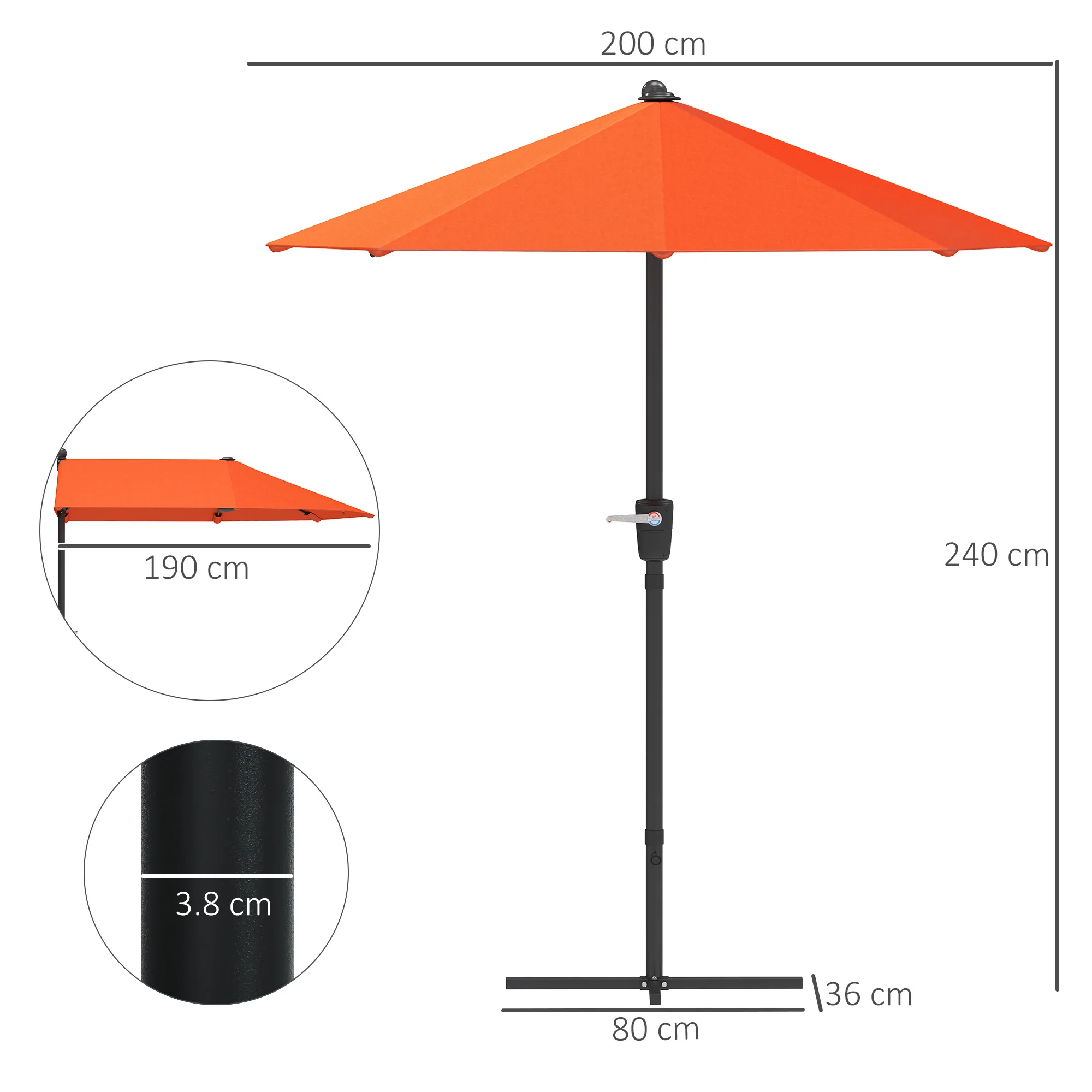 Outsunny 2m Half Garden Parasol Market Umbrella w/ Crank Handle, Orange - Image 5