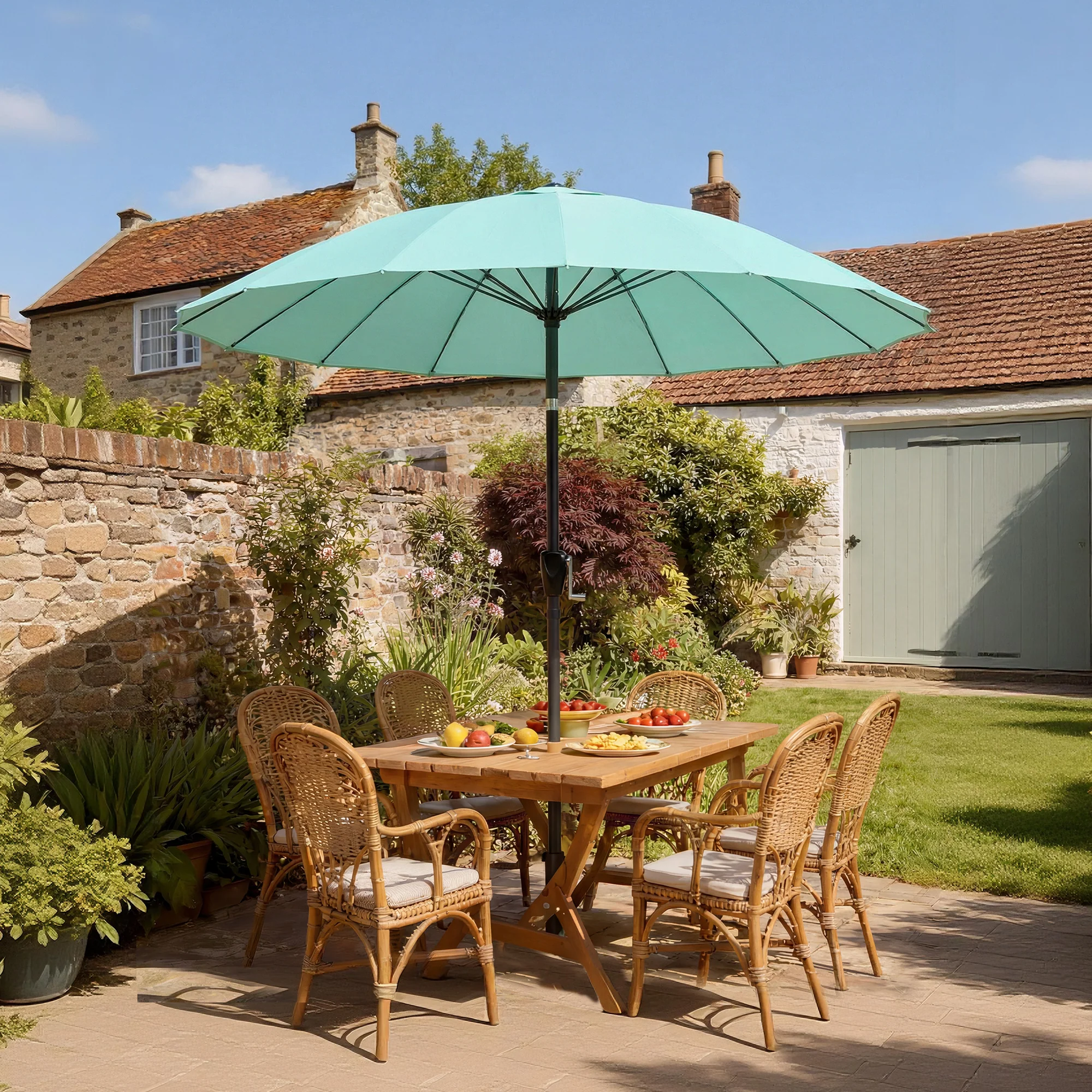 Outsunny 2m Shanghai Garden Parasol Umbrella, Outdoor Sun Shade, Turquoise - Image 2