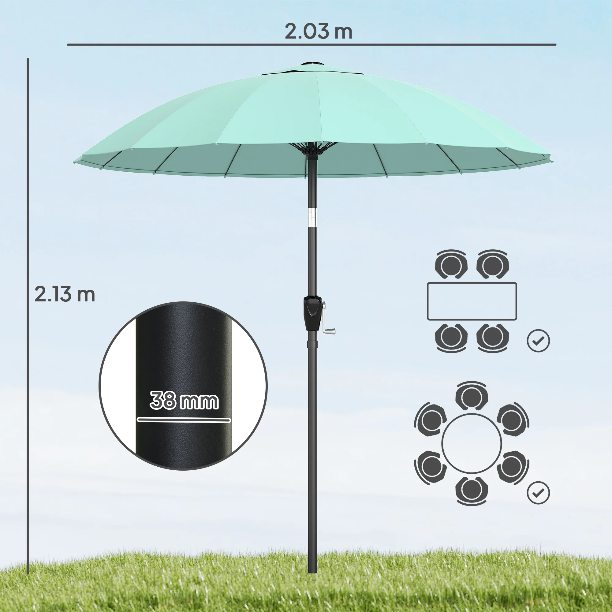 Outsunny 2m Shanghai Garden Parasol Umbrella, Outdoor Sun Shade, Turquoise - Image 3