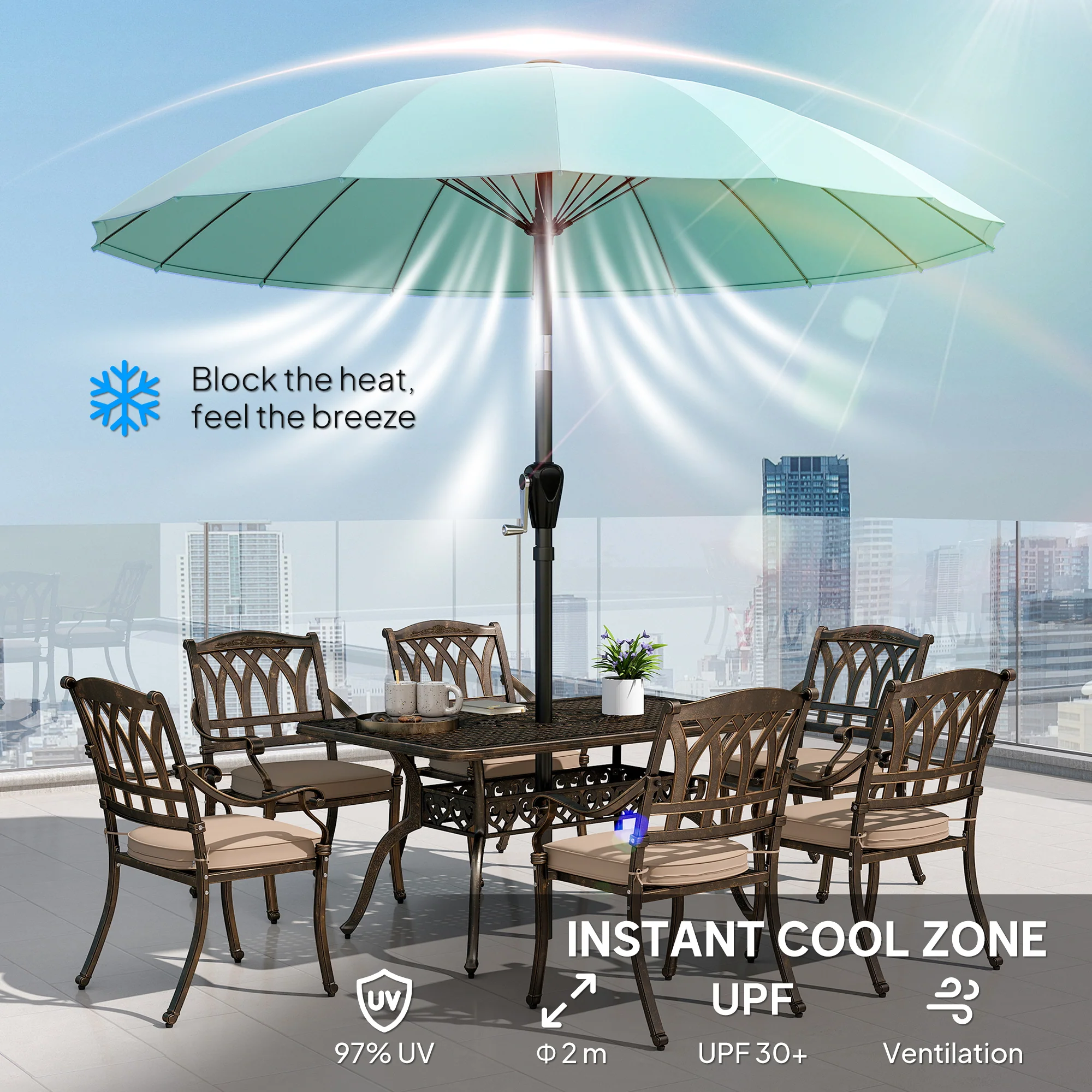 Outsunny 2m Shanghai Garden Parasol Umbrella, Outdoor Sun Shade, Turquoise - Image 4