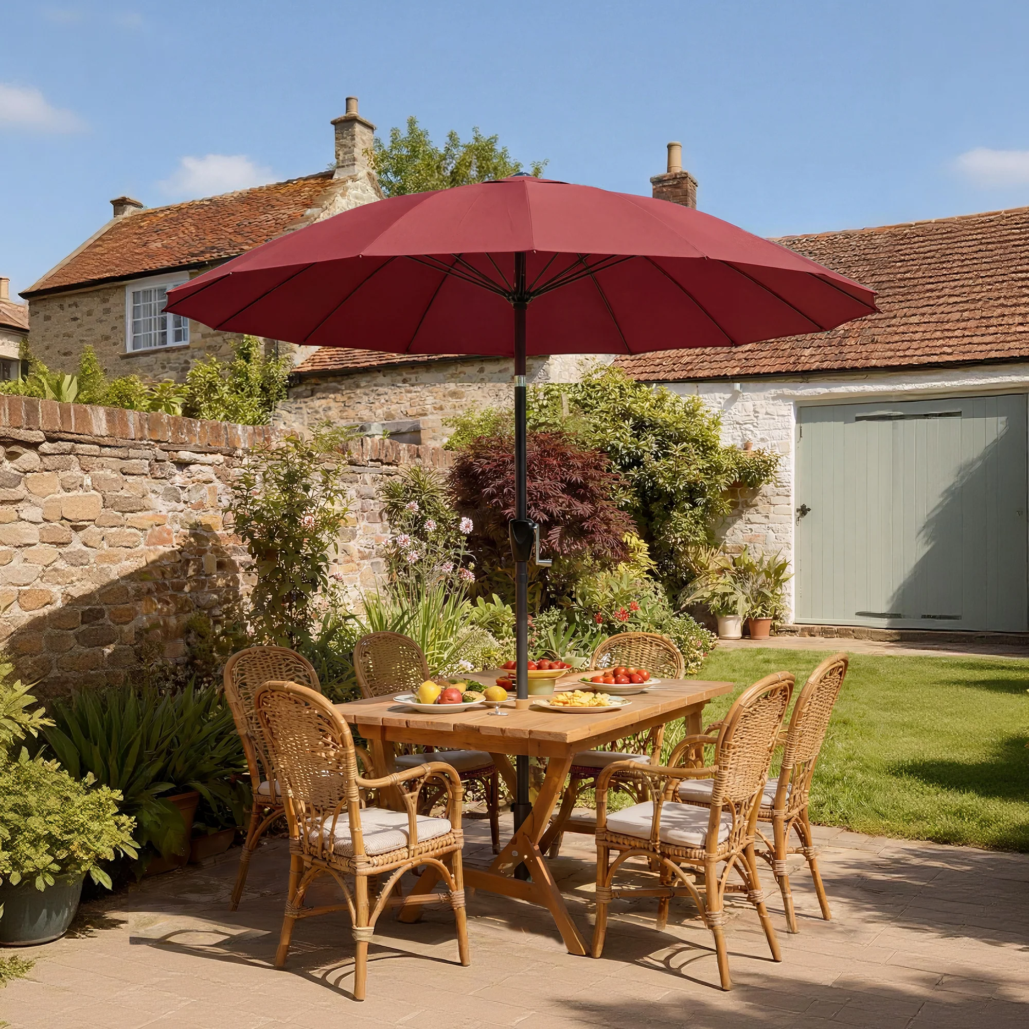 Outsunny 2m Shanghai Garden Parasol Umbrella, Outdoor Sun Shade, Wine Red - Image 2