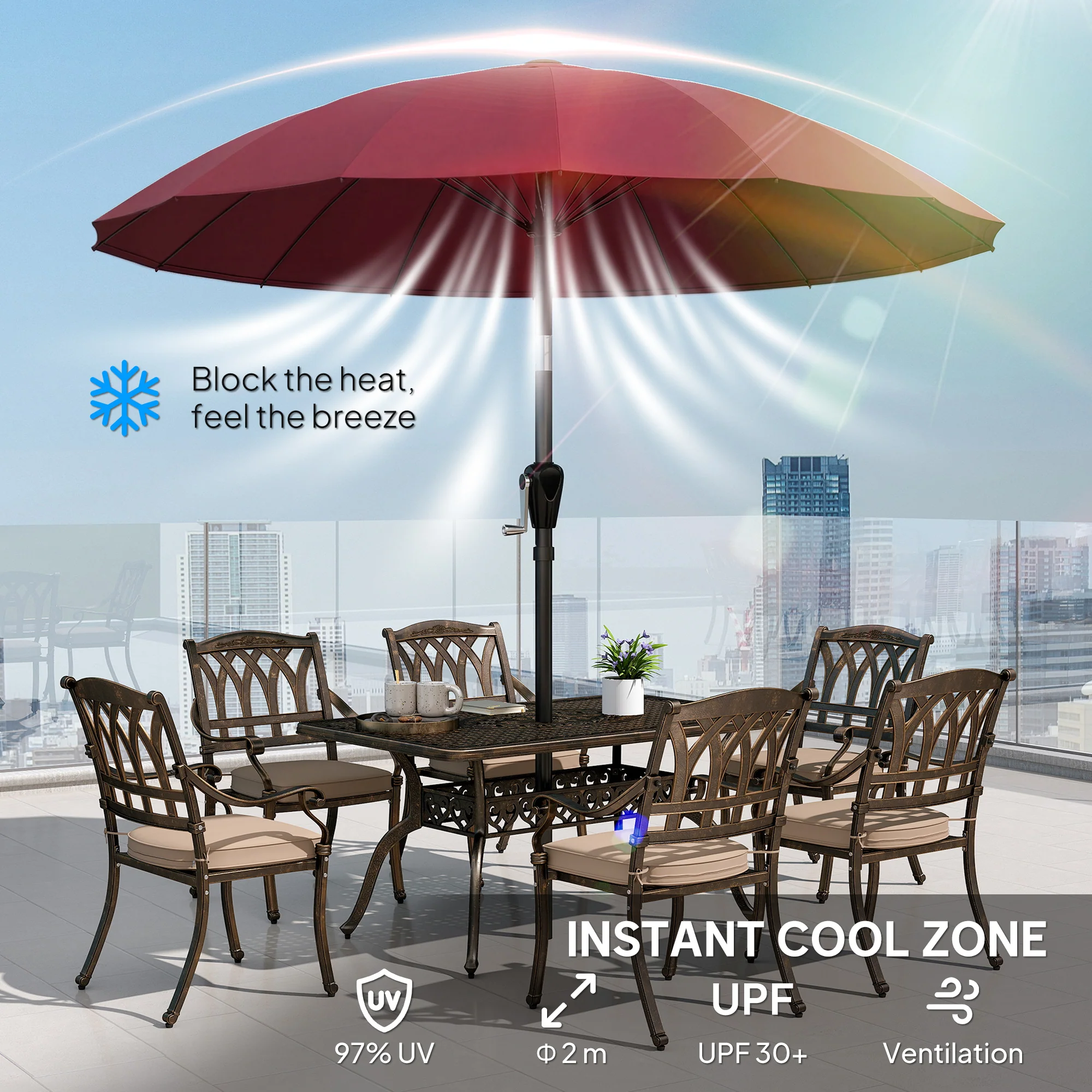 Outsunny 2m Shanghai Garden Parasol Umbrella, Outdoor Sun Shade, Wine Red - Image 4