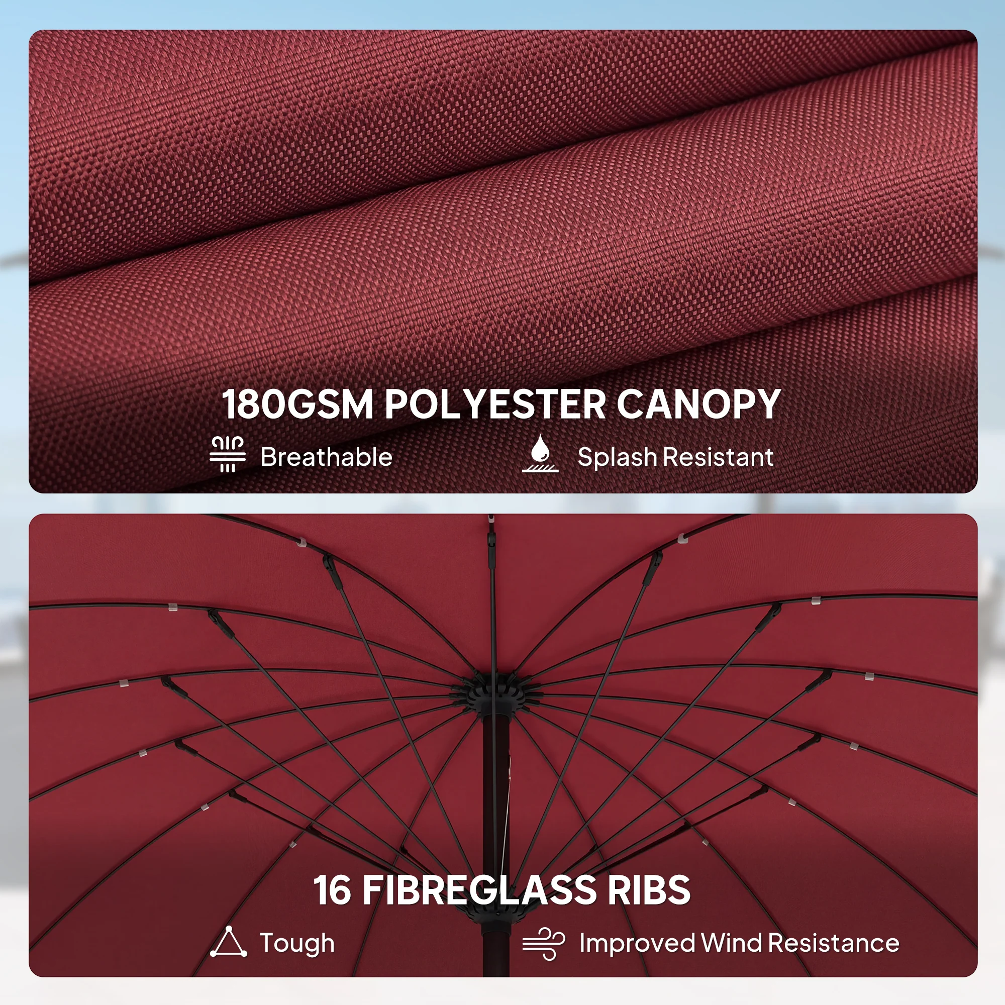 Outsunny 2m Shanghai Garden Parasol Umbrella, Outdoor Sun Shade, Wine Red - Image 5