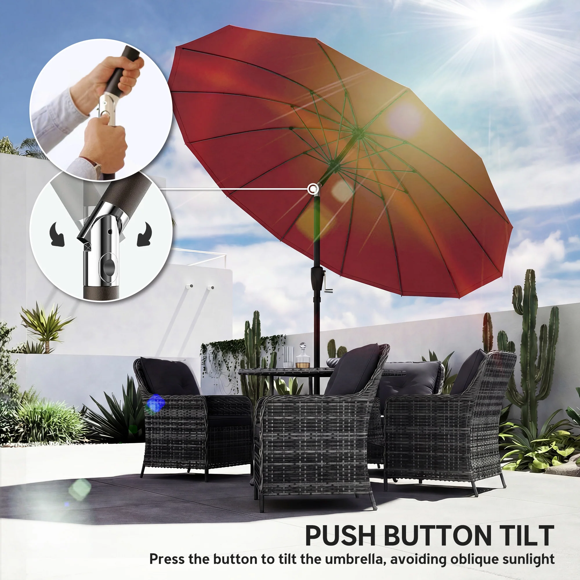 Outsunny 2m Shanghai Garden Parasol Umbrella, Outdoor Sun Shade, Wine Red - Image 7