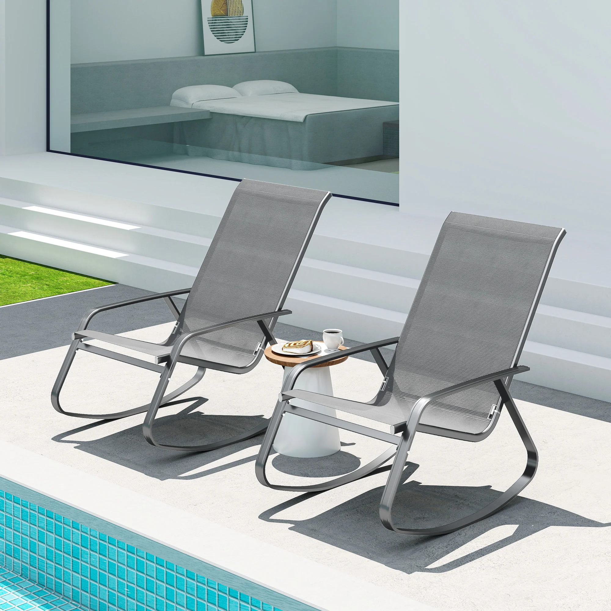 Outsunny 2PCS Garden Rocking Chairs with Armrests, High Back, Grey - Image 2