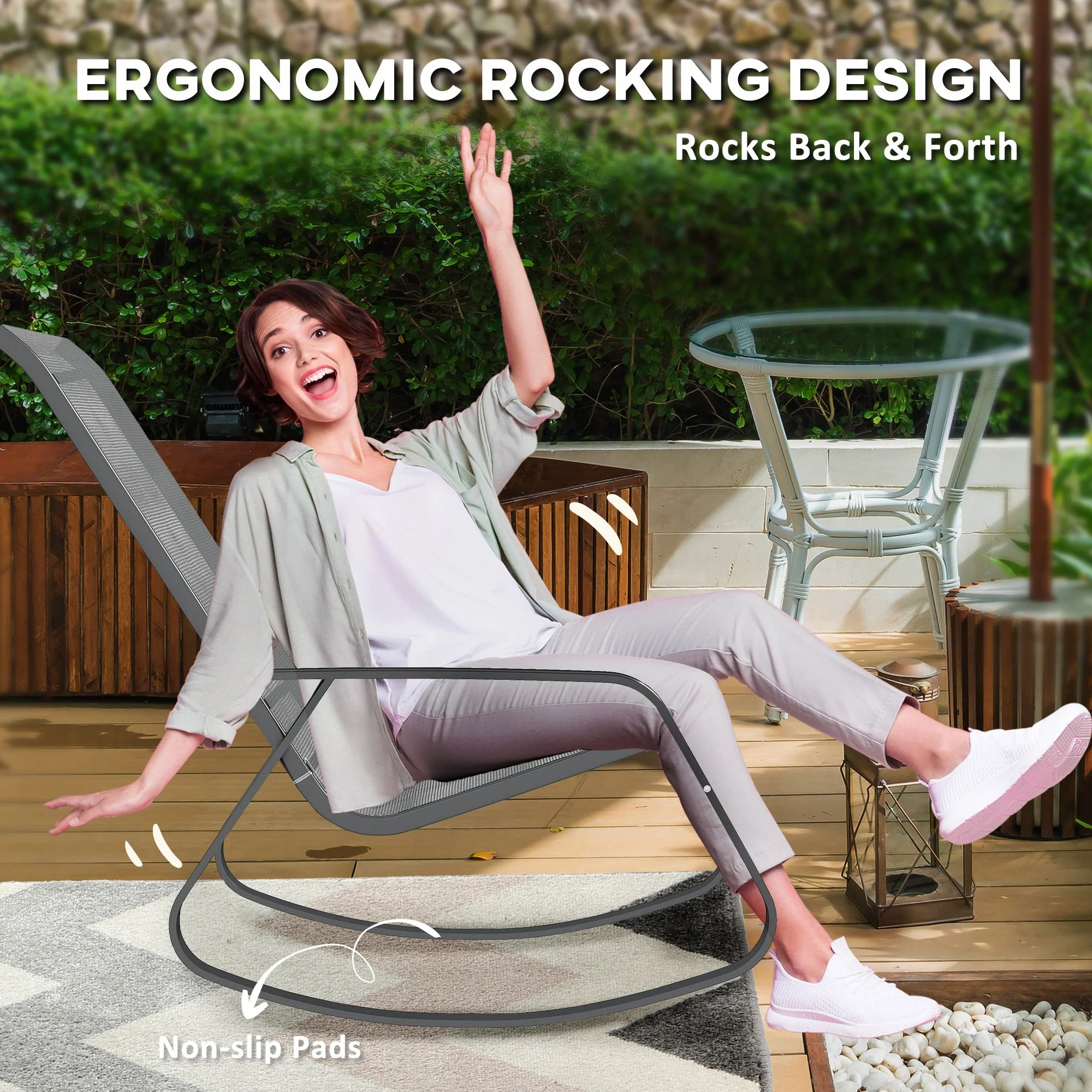 Outsunny 2PCS Garden Rocking Chairs with Armrests, High Back, Grey - Image 3