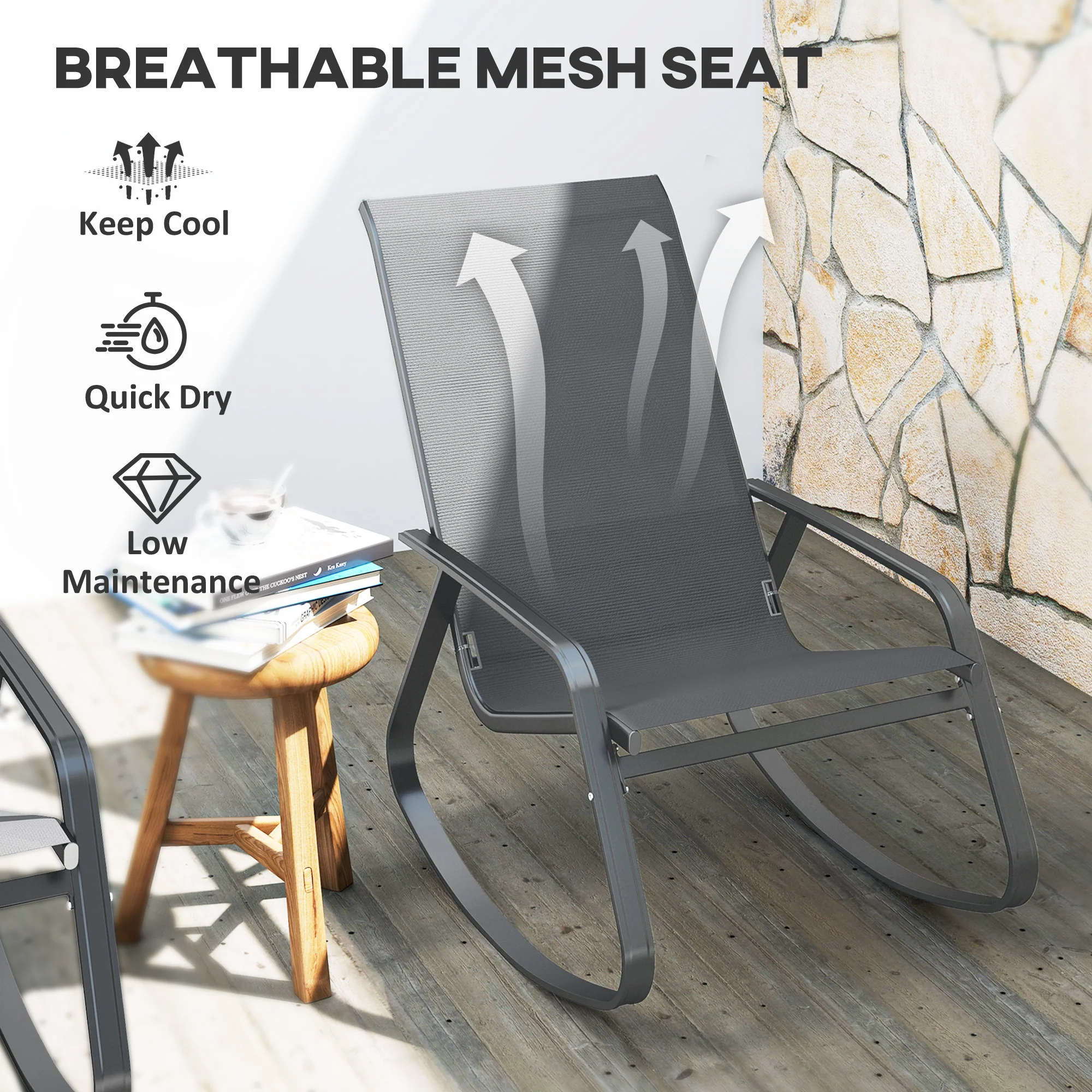 Outsunny 2PCS Garden Rocking Chairs with Armrests, High Back, Grey - Image 6