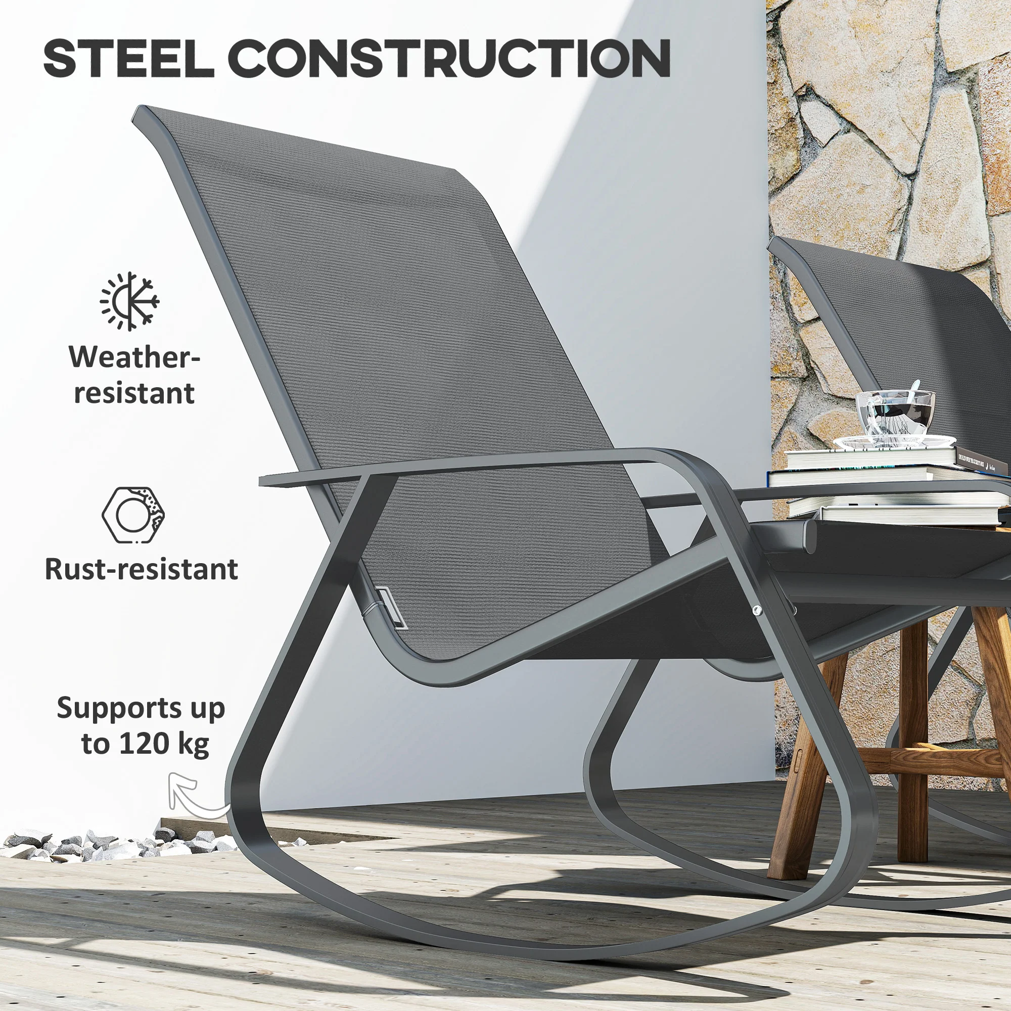 Outsunny 2PCS Garden Rocking Chairs with Armrests, High Back, Grey - Image 7