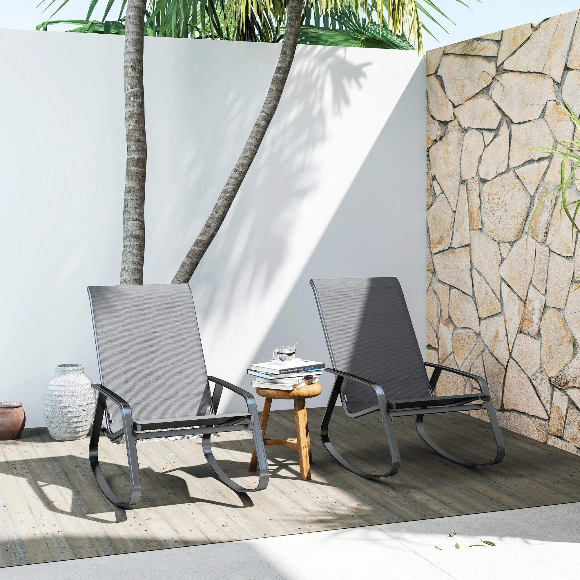 Outsunny 2PCS Garden Rocking Chairs with Armrests, High Back, Grey - Image 8