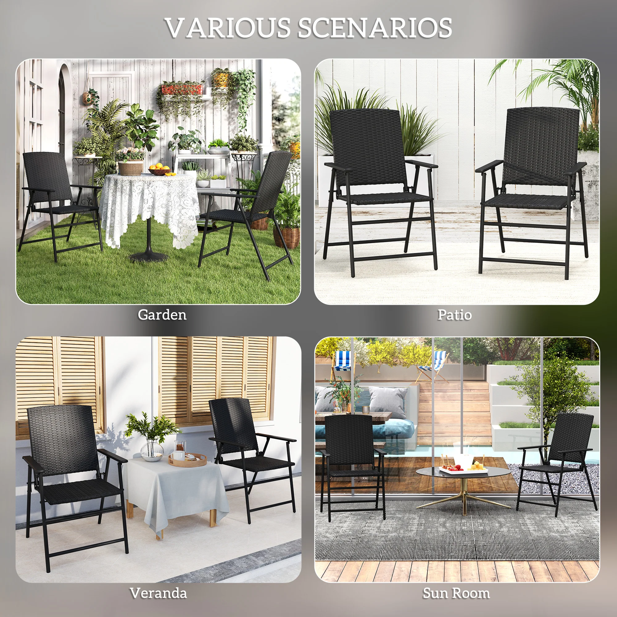 Outsunny 2pcs Rattan Chair Foldable Garden Furniture w/ Armrest Black - Image 7