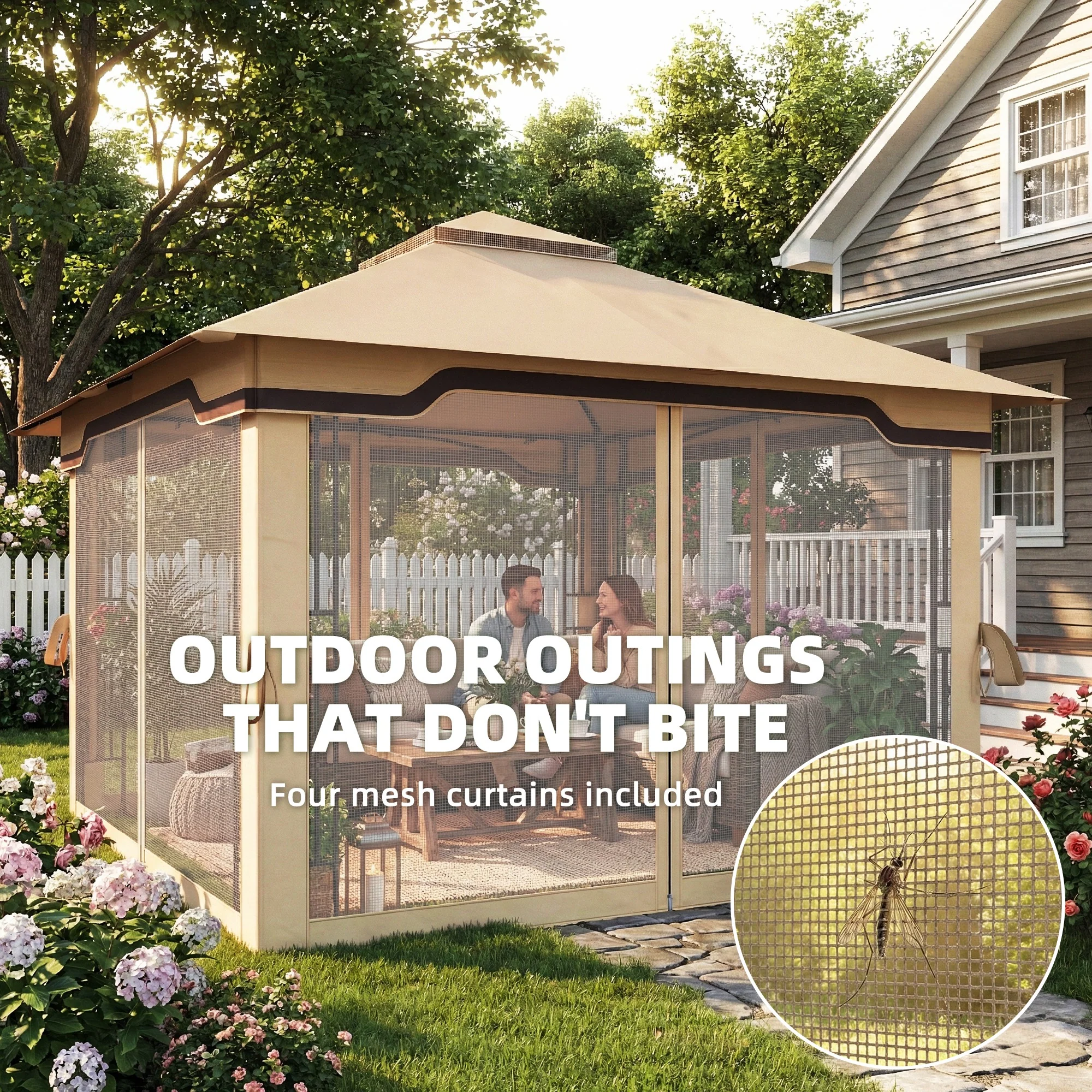 Outsunny 3.3 x 3.3 m Garden Gazebo with Shelves, UPF50+ Permanent Gazebo - Image 6