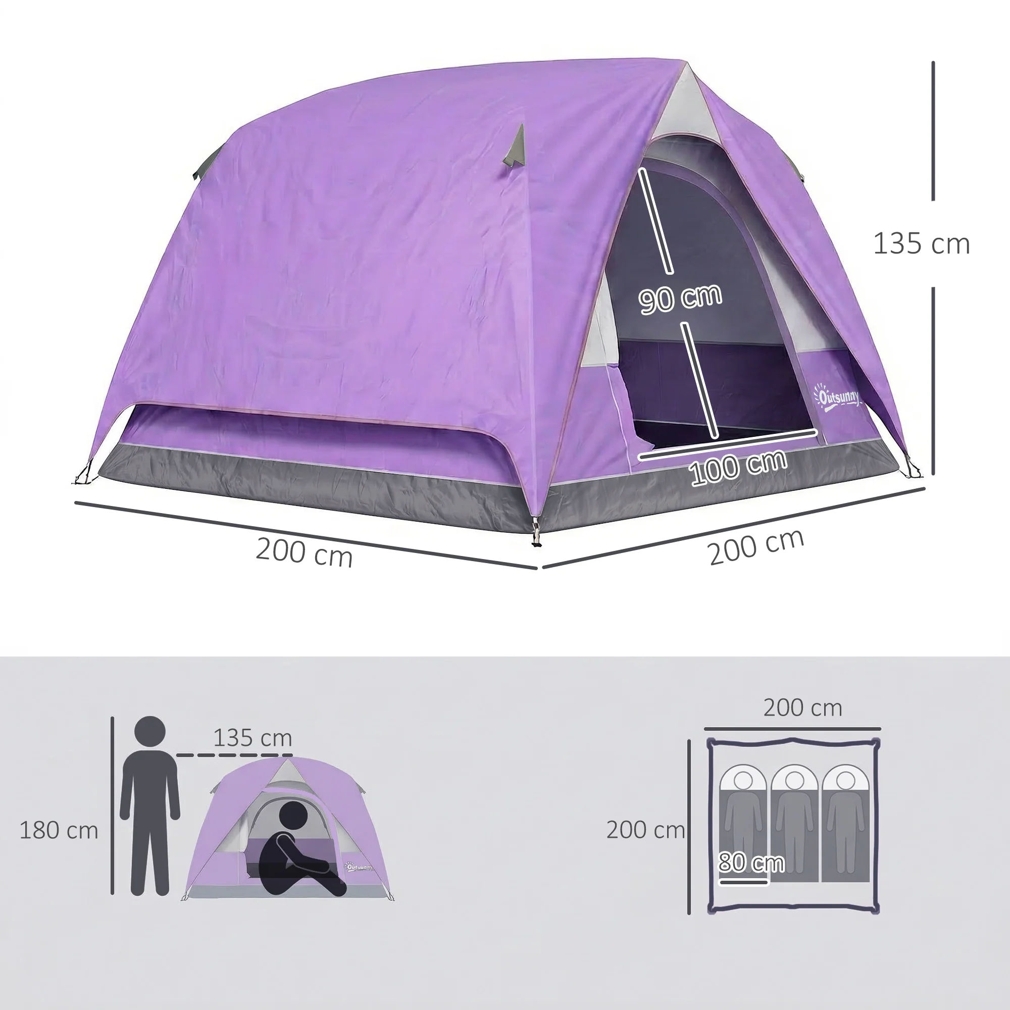Outsunny 3-4 Person Camping Tent, Waterproof Tent, Purple - Image 5