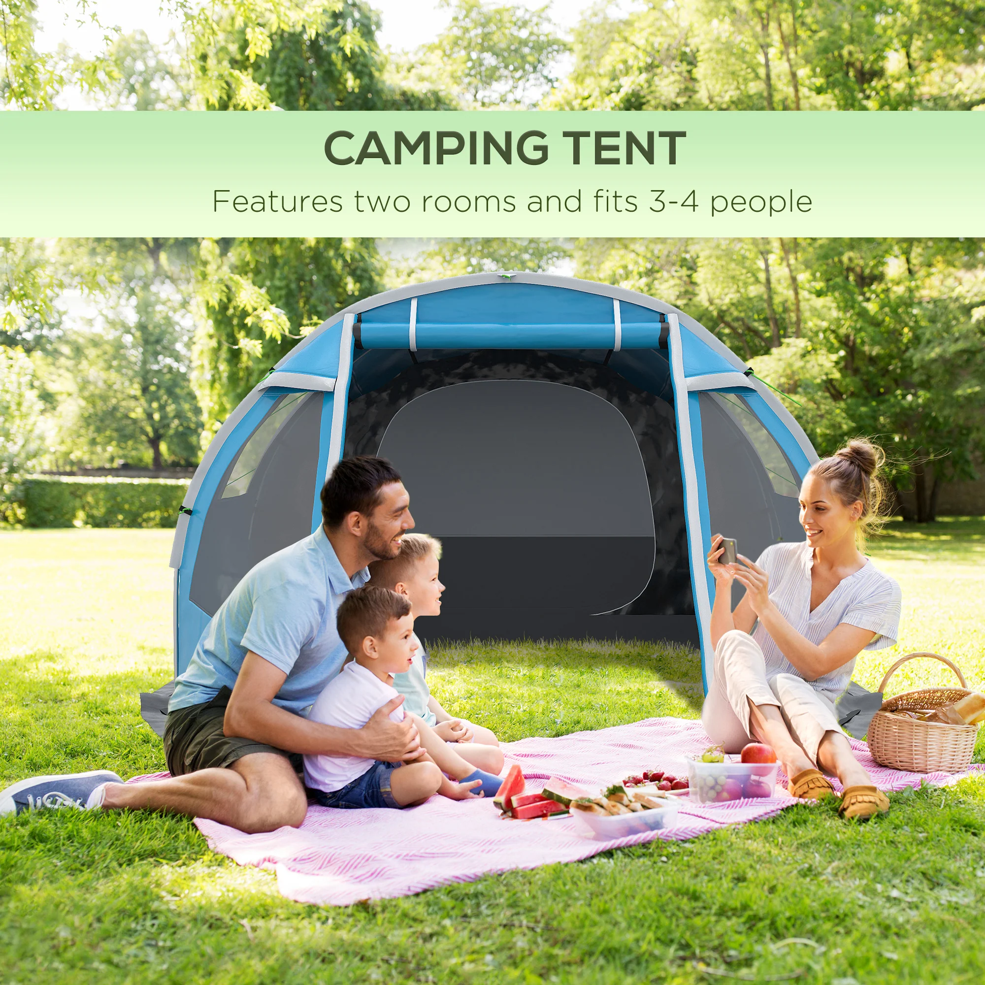 Outsunny 3-4 Persons Tunnel Tent, Two Room Camping Tent w/ Windows, Blue - Image 2