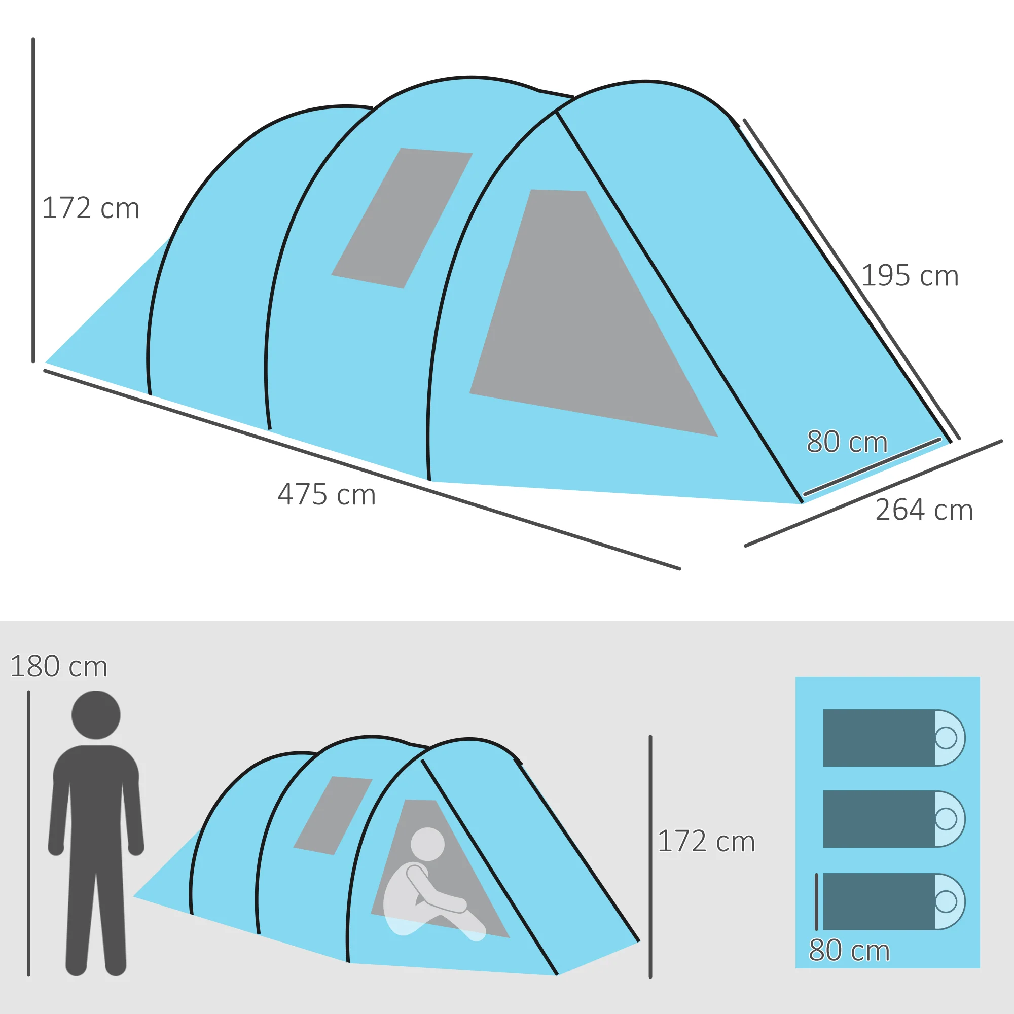 Outsunny 3-4 Persons Tunnel Tent, Two Room Camping Tent w/ Windows, Blue - Image 4