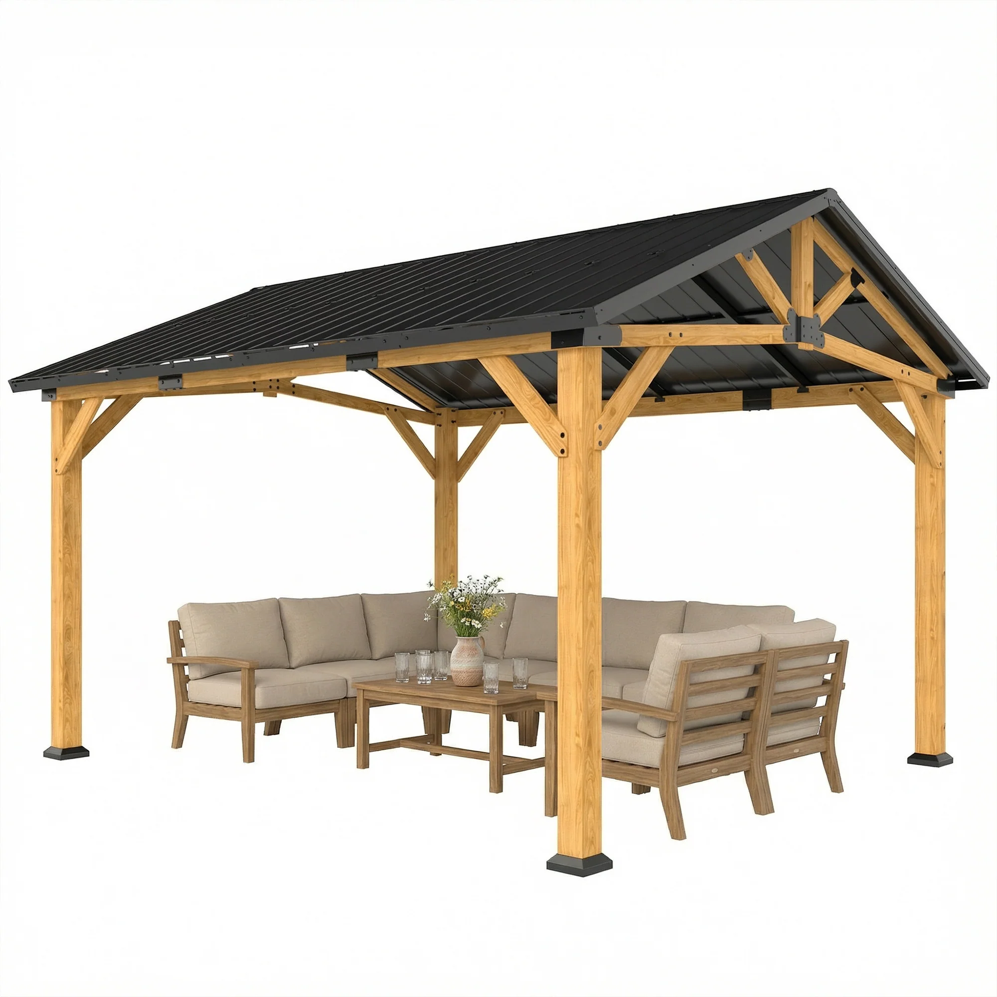 Outsunny 3.5 x 4 m Hardtop Gazebo with Galvanised Metal Roof, Black Grey