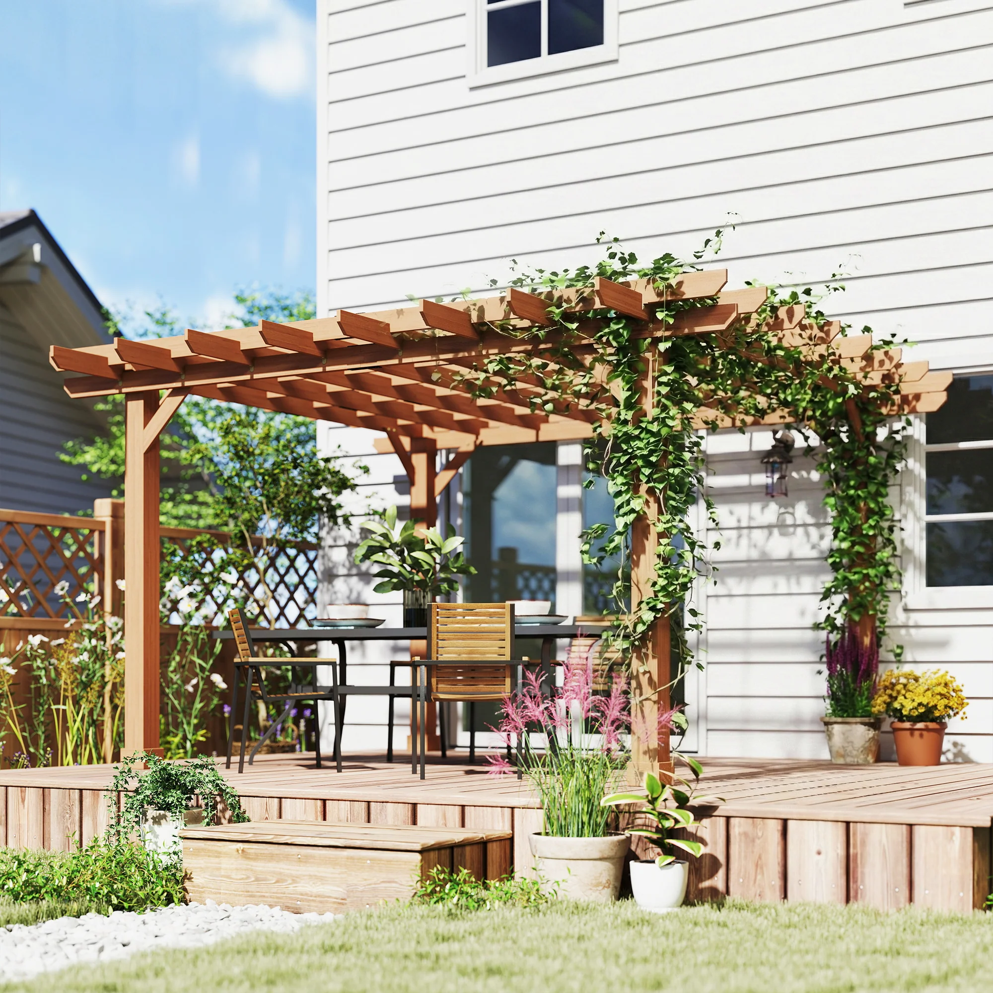Outsunny 3.6 x 3.6m Graden Pergola Kit, Wooden Grape Trellis, Dark Brown - Image 9