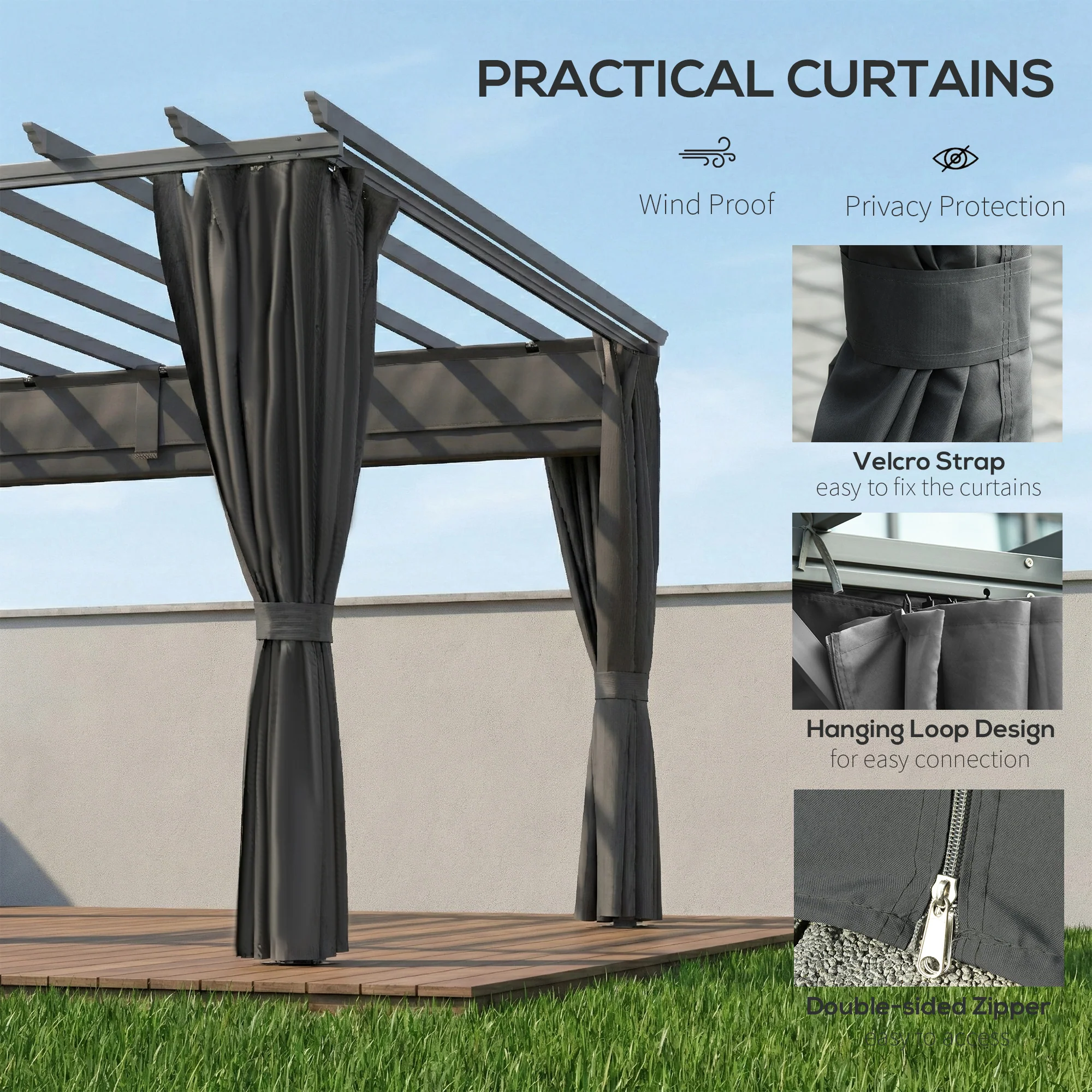 Outsunny 3.6 x 3 m Aluminium Pergola with Retractable Roof Canopy, Curtains - Image 5