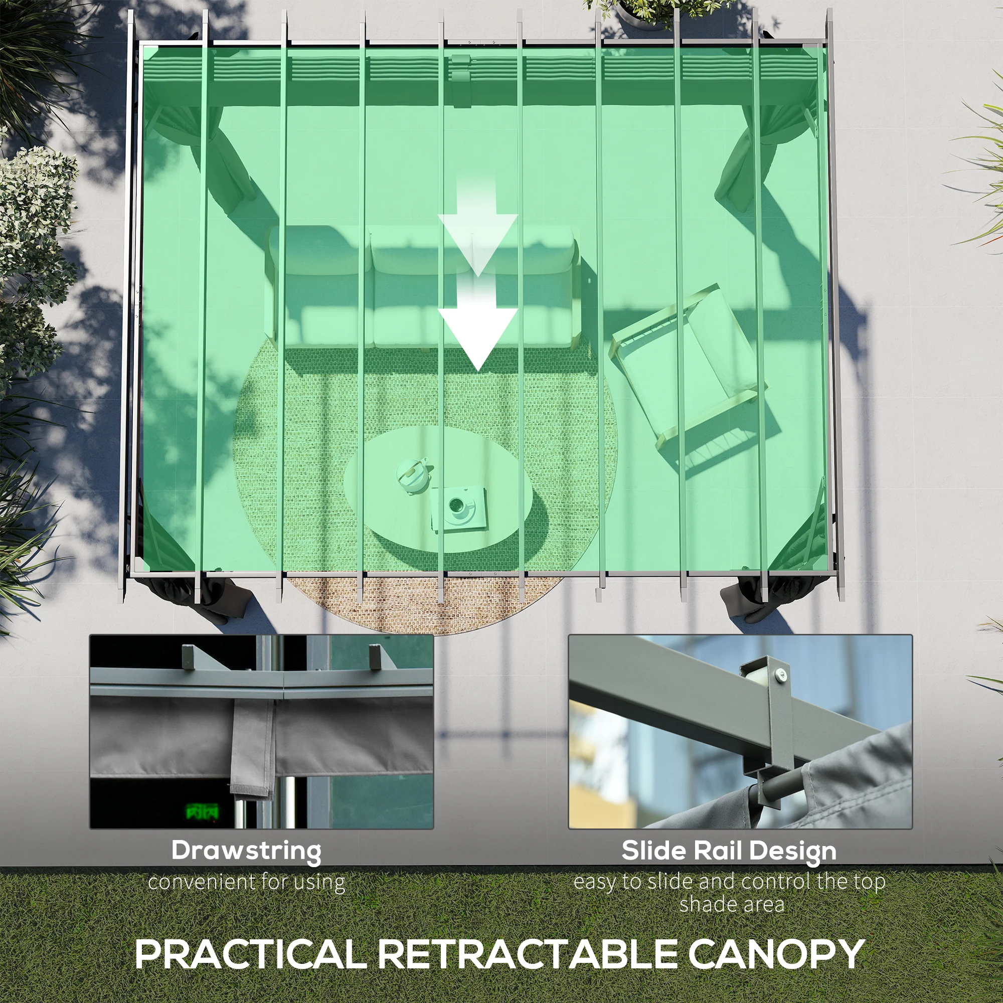 Outsunny 3.6 x 3 m Aluminium Pergola with Retractable Roof Canopy, Curtains - Image 6