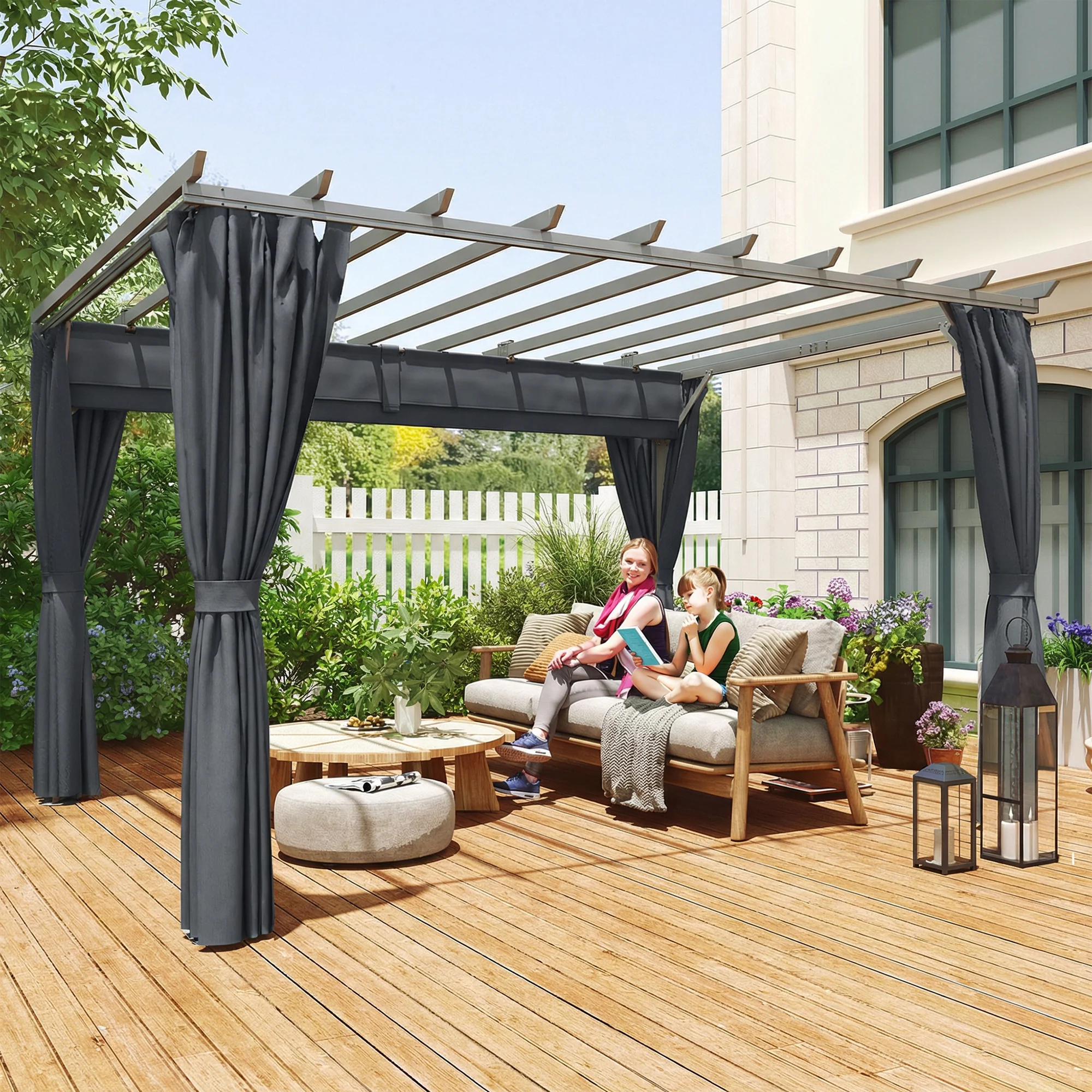 Outsunny 3.6 x 3 m Aluminium Pergola with Retractable Roof Canopy, Curtains - Image 8