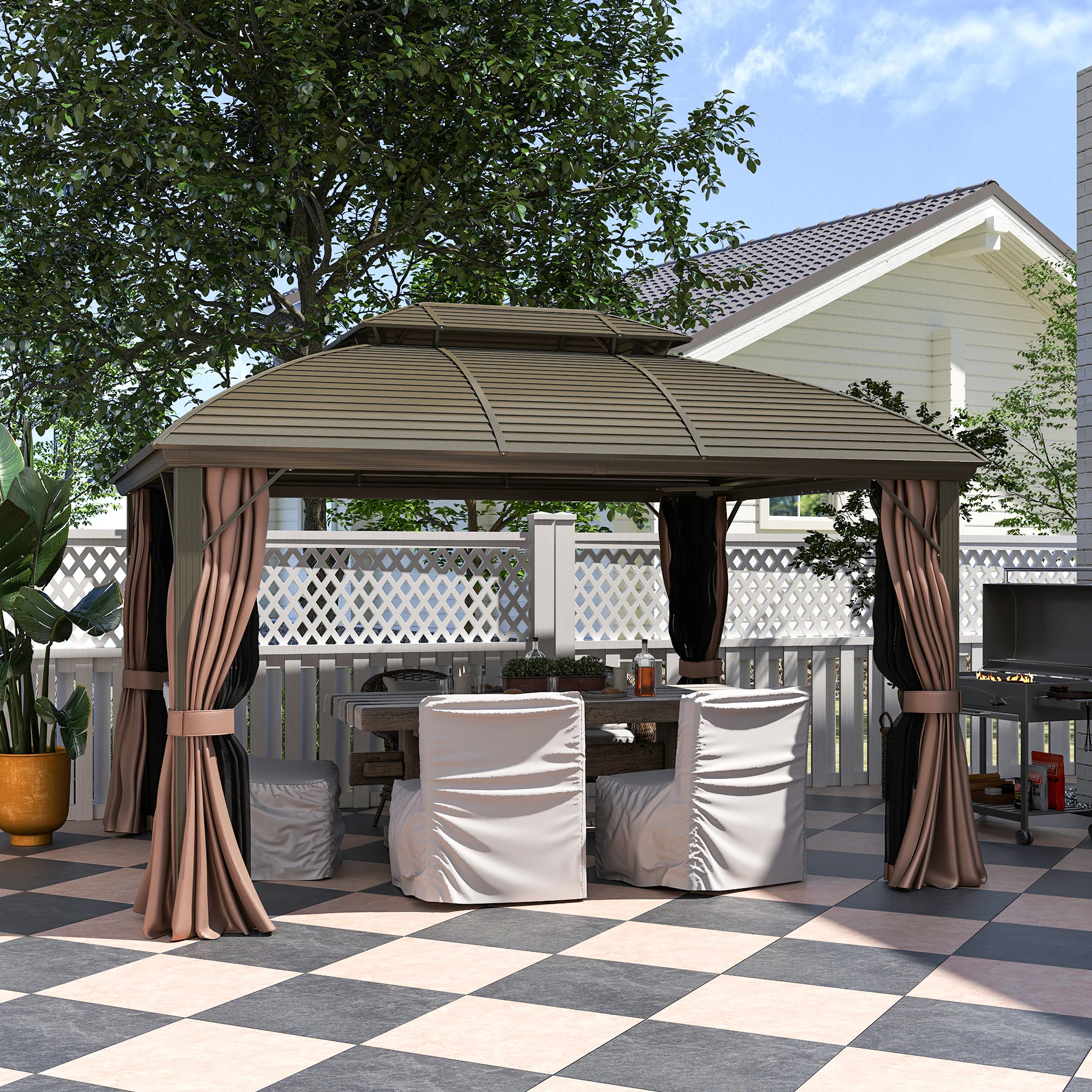 Outsunny 3.65 X 3(m) Aluminium Outdoor Gazebo W/ Hardtop Double Roof, Coffee - Image 2