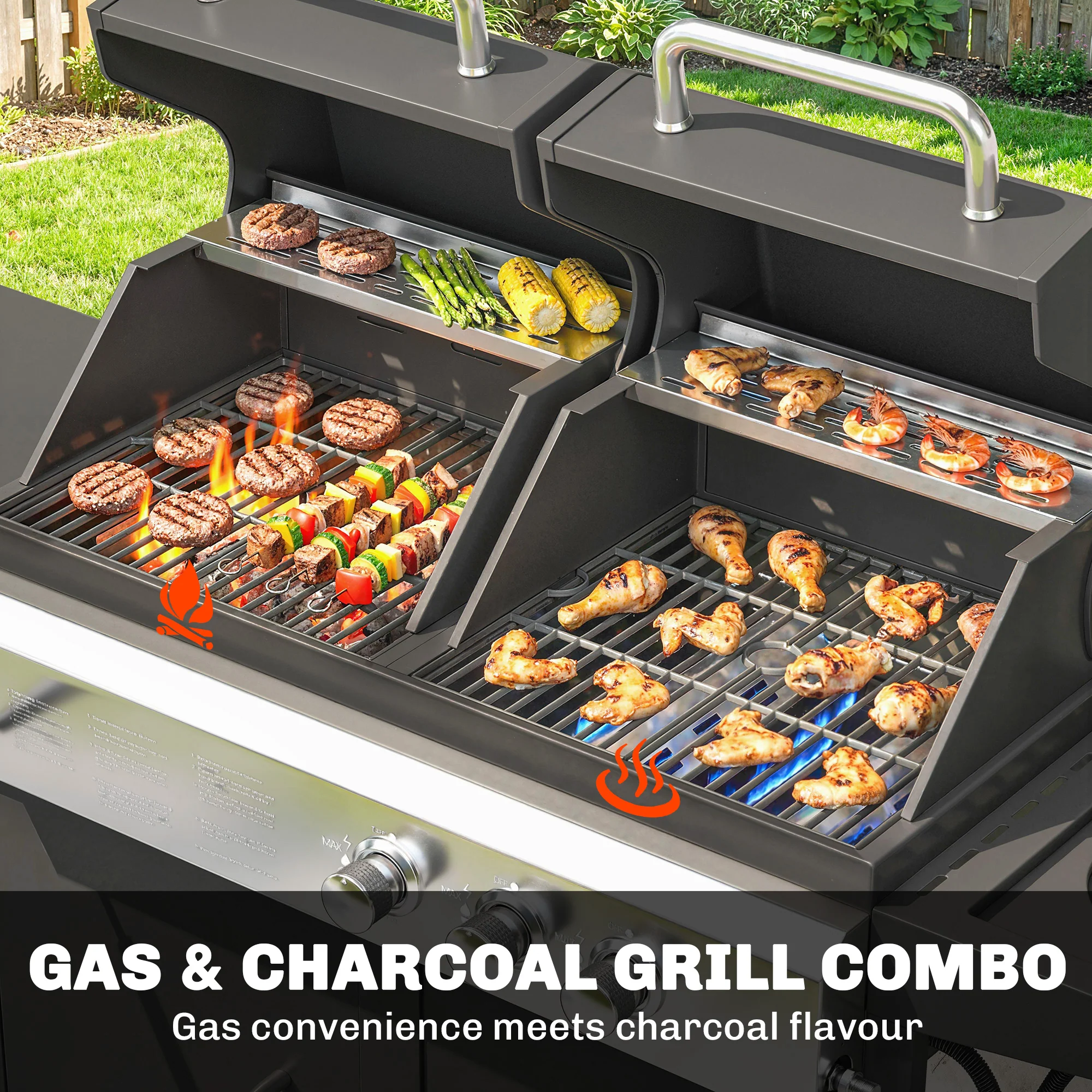 Outsunny 3 Burner Hybrid Dual Fuel BBQ Gas Grill With Side Burner, Black - Image 3