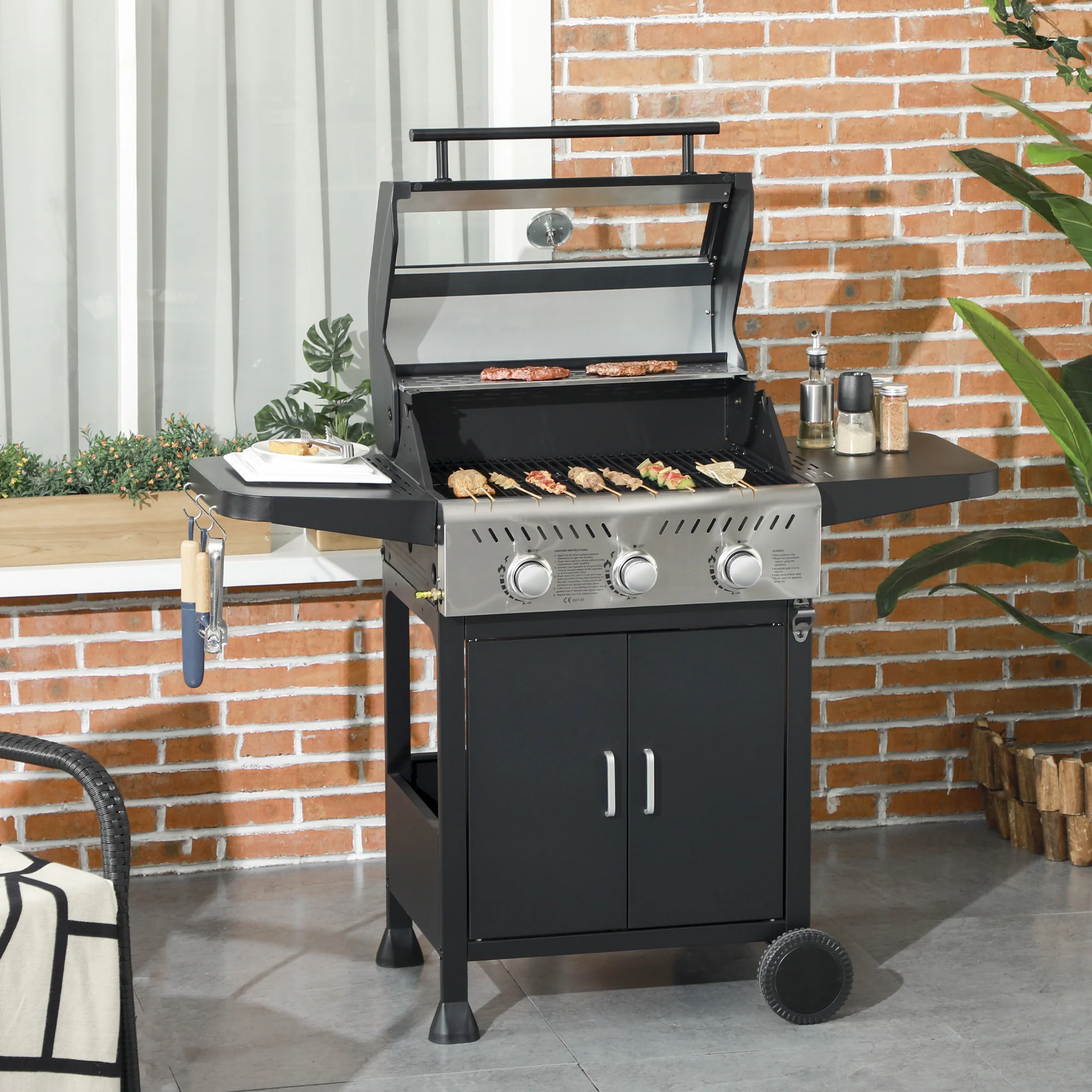 Outsunny 3 Burner Propane Gas BBQ Grill with See-through Lid and Thermometer - Image 2